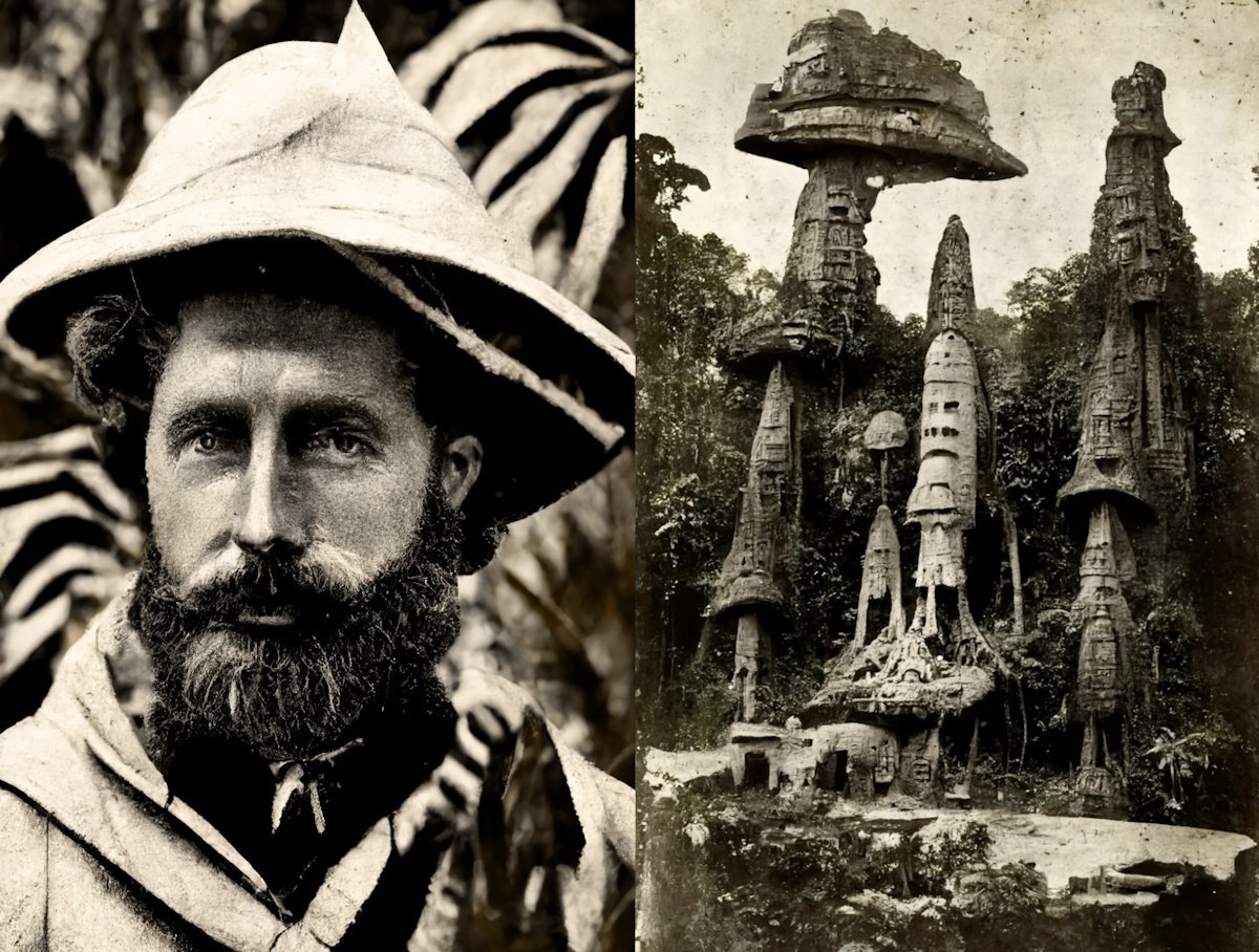 Are the mysterious photographs from Alfred Middleton's expeditions authentic? - My, The photo, Black and white photo, Travels, Images, Expedition, Building, Animals, Landscape, Artifact, Neural network art, Artificial Intelligence, Facts, Person, Проверка, Research, Informative, Longpost, Beautiful view