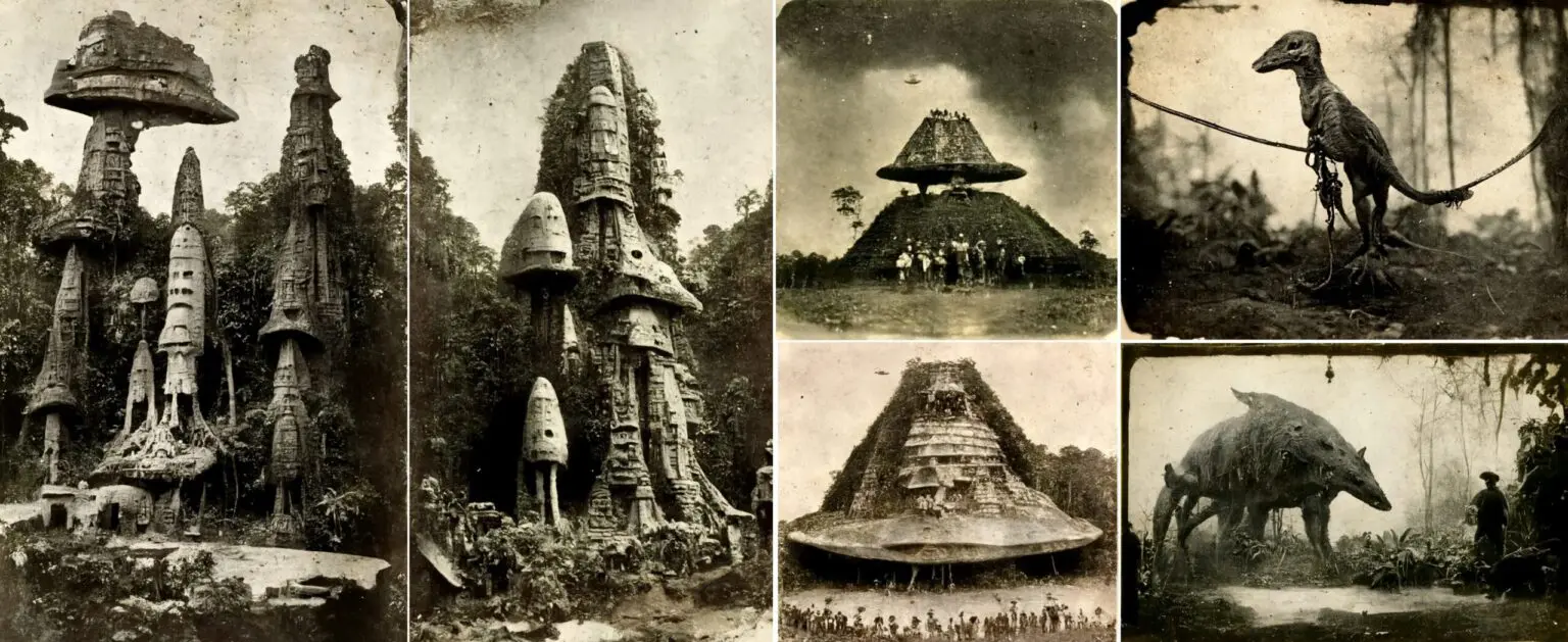 Are the mysterious photographs from Alfred Middleton's expeditions authentic? - My, The photo, Black and white photo, Travels, Images, Expedition, Building, Animals, Landscape, Artifact, Neural network art, Artificial Intelligence, Facts, Person, Проверка, Research, Informative, Longpost, Beautiful view