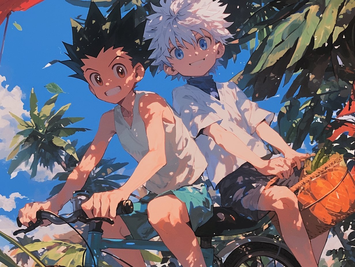 Gon & Killua - Anime, Anime art, Hunter x hunter, Killua Zoldyck, A bike, Neural network art, Gon Freecss