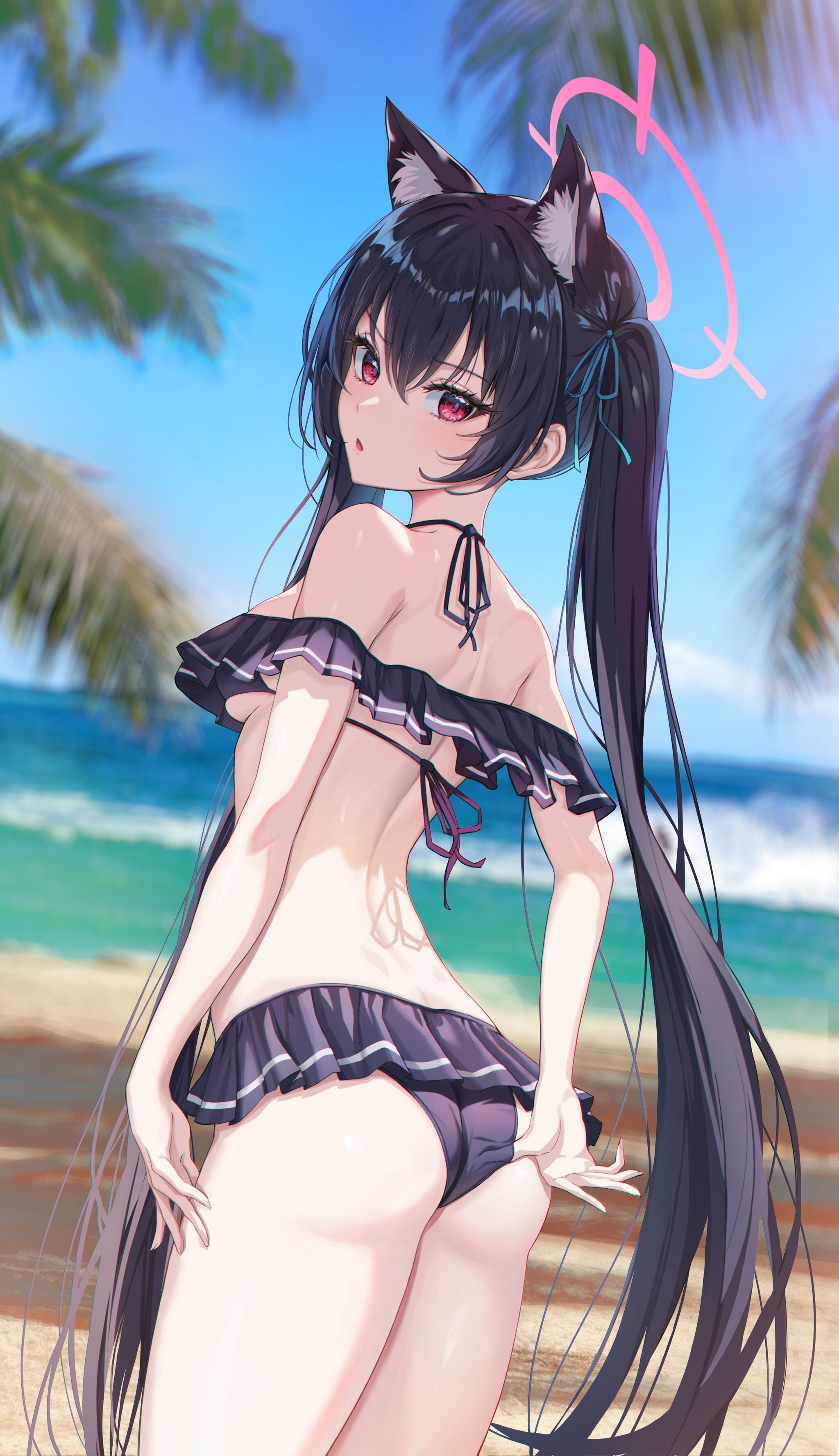 On the beach - Anime art, Anime, Girls, Games, Blue archive, Kuromi Serika, Swimsuit, Bikini, Beach, Sea