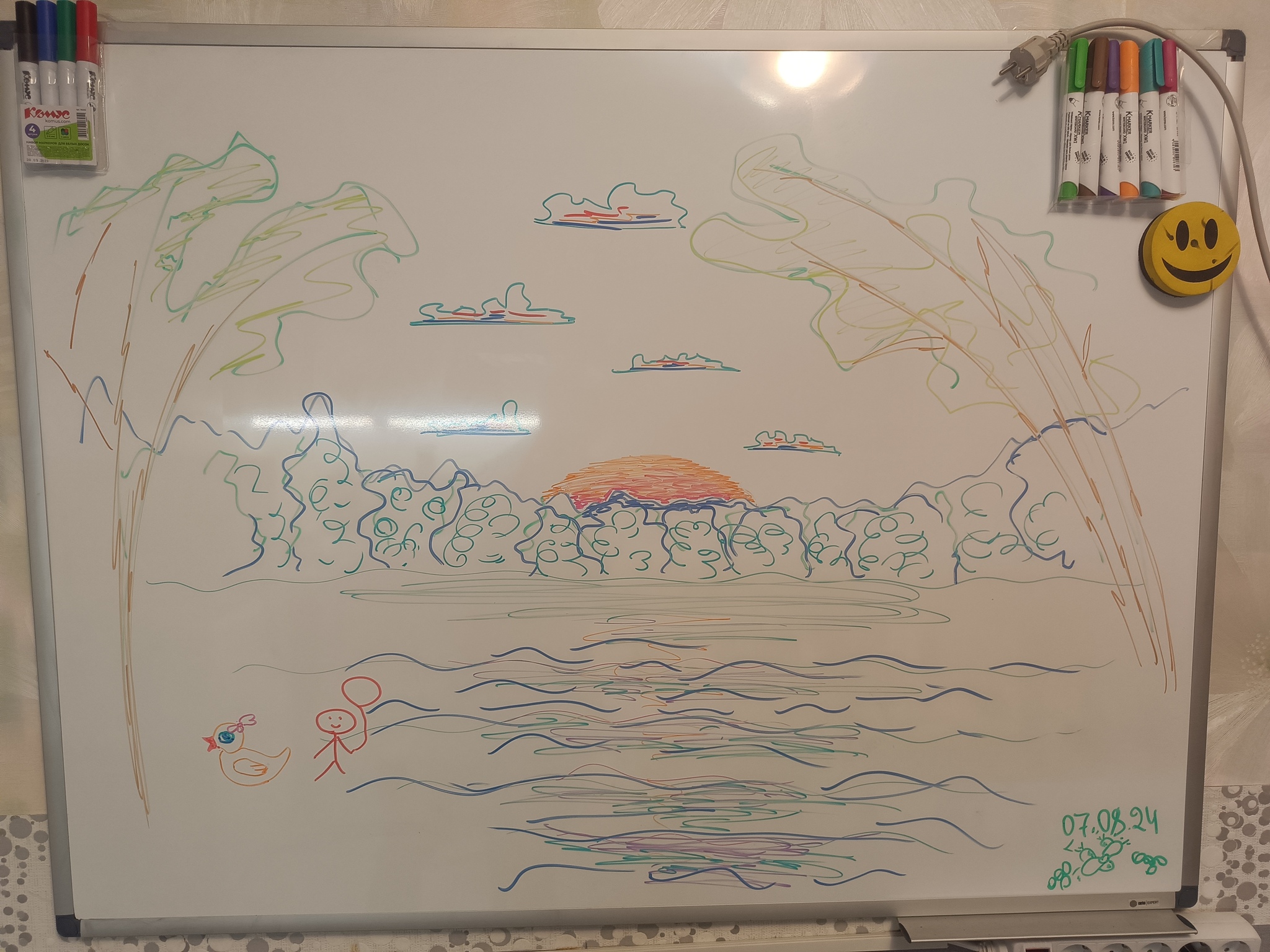 Sunset over the lake - My, Sunset, Lake, Clouds, Drawing, Marker, Sky