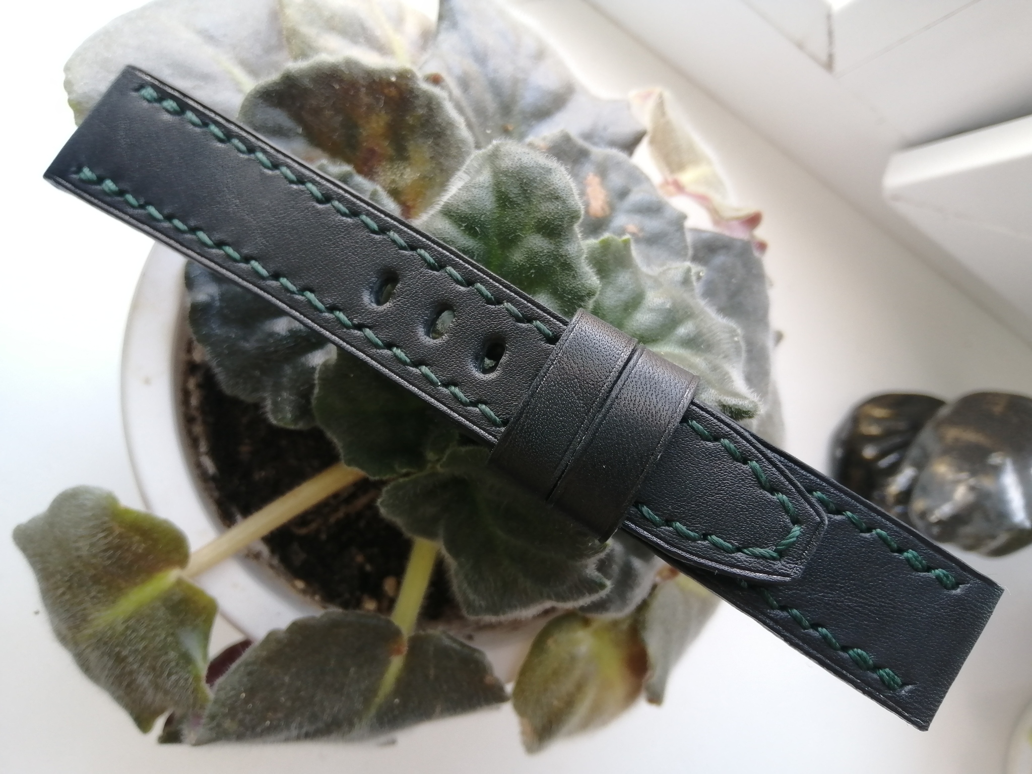 Watch strap, black with green stitching. Strap 22mm - My, Accessories, Needlework without process, Strap, Watch strap, Voronezh, Tambov, Hand seam, With your own hands, Longpost