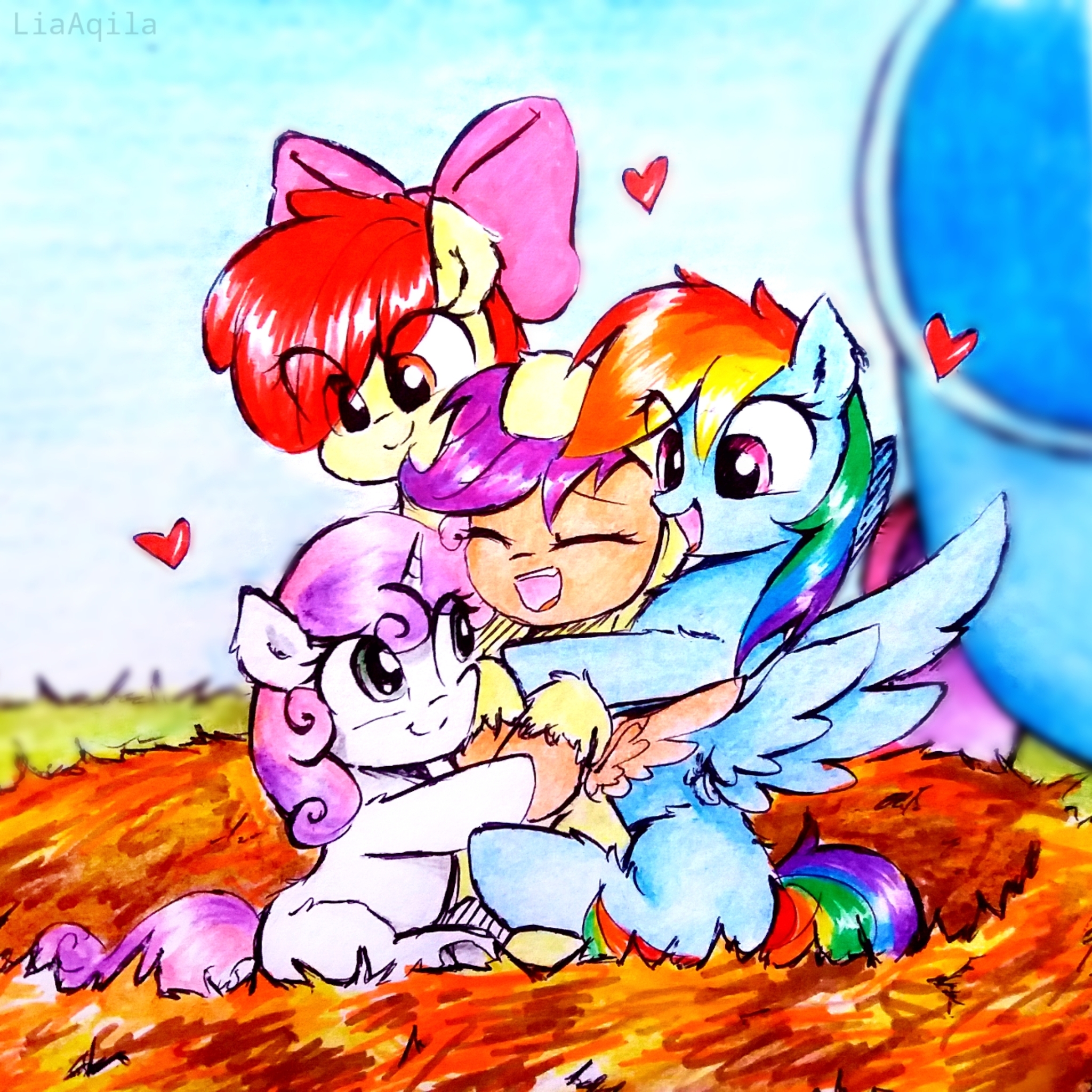 Everyone Loves Scootaloo! - My little pony, Art, Liaaqila, Scootaloo, Sweetie belle, Applebloom, Rainbow dash