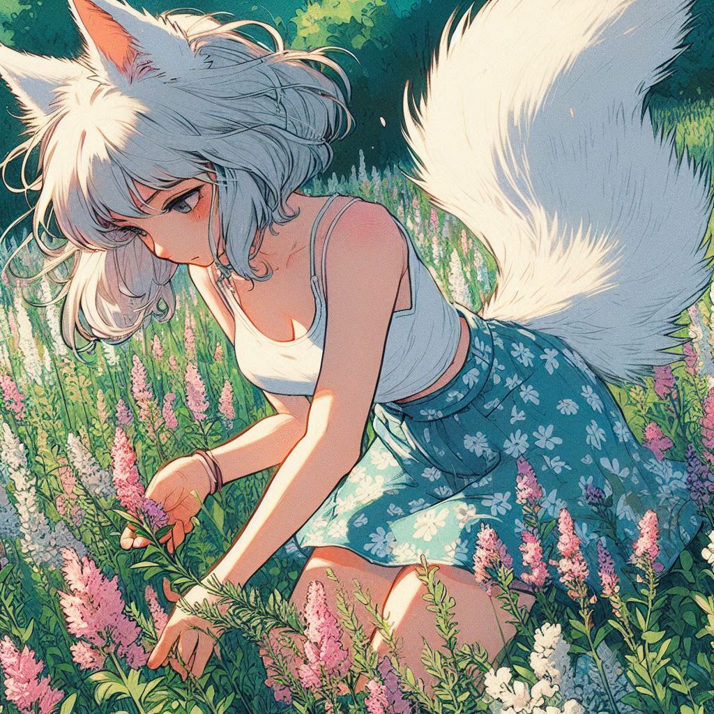 For meadow grass - My, Neural network art, Art, Anime art, Girls, Нейронные сети, Anime, Original character, Kitsune, Animal ears, Tail, Summer, Meadow, Scooter, Ginger & White, Longpost