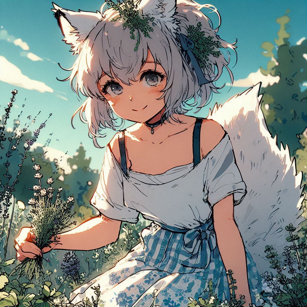 For meadow grass - My, Neural network art, Art, Anime art, Girls, Нейронные сети, Anime, Original character, Kitsune, Animal ears, Tail, Summer, Meadow, Scooter, Ginger & White, Longpost