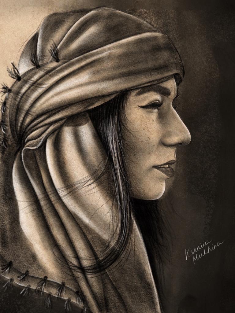 My drawing. Girl in national headdress No. 2 - My, Portrait, Portrait by photo, Drawing, Digital drawing, Drawing on a tablet, Procreate, Girls, Exotic, Handkerchief, Traditional art, Models