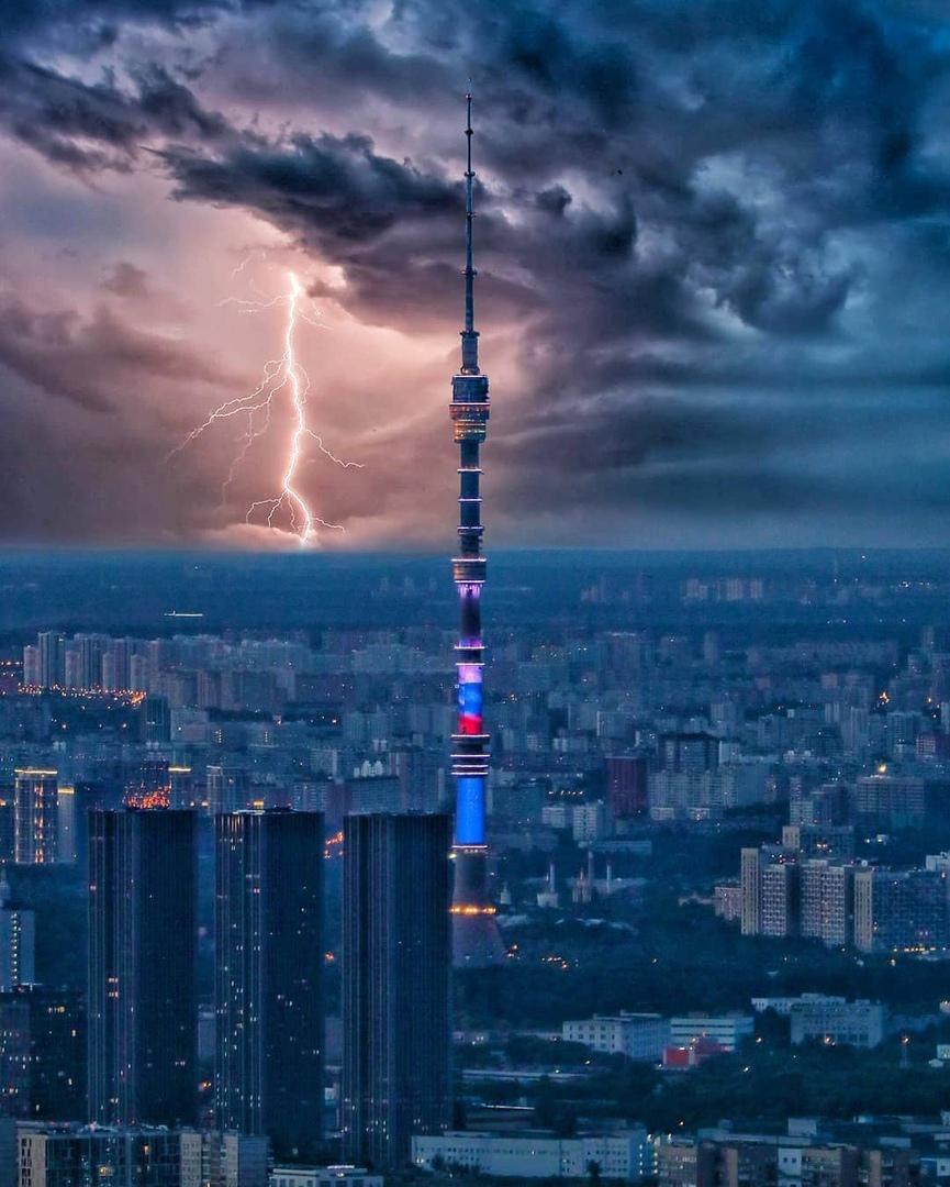 Ostankino during a thunderstorm - Ostankino tower, Moscow, Thunderstorm, Lightning, The clouds, Storm