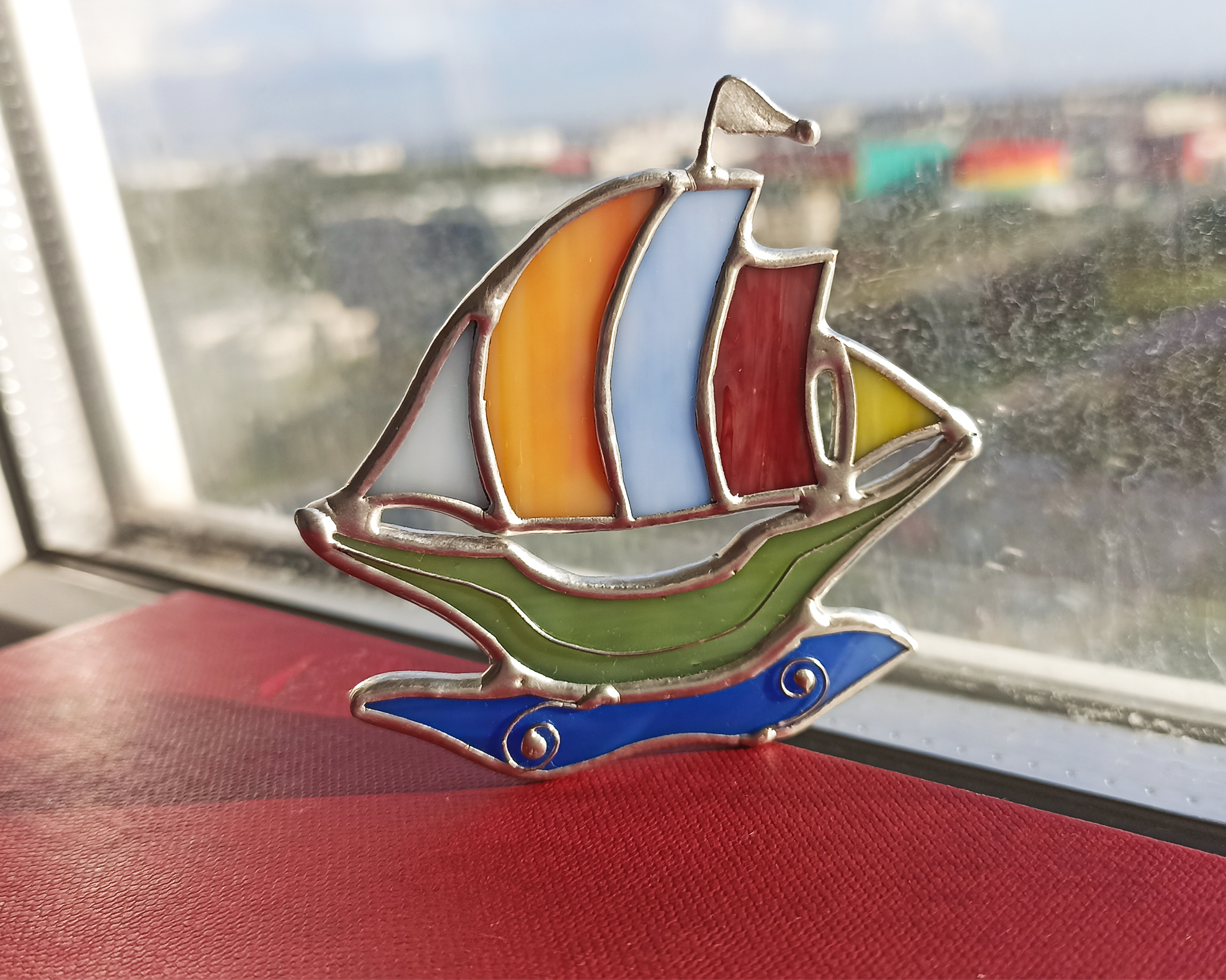 The ship is ready to launch! Stained glass using Tiffany technique - My, Stained glass, Stained glass window by Tiffany, Hobby, Creation, Crafts, Friday tag is mine, With your own hands, Handmade, Longpost, Needlework with process, Brooch, Ship