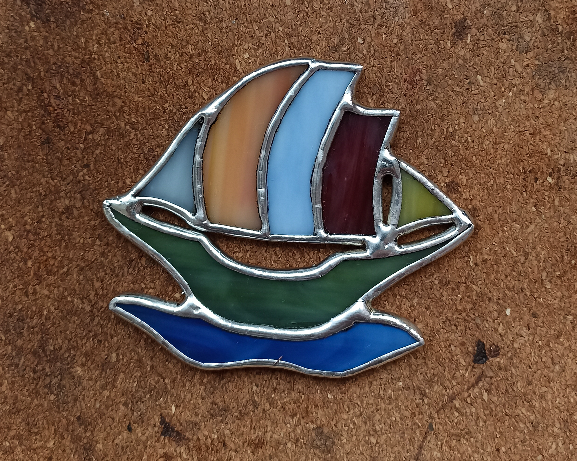 The ship is ready to launch! Stained glass using Tiffany technique - My, Stained glass, Stained glass window by Tiffany, Hobby, Creation, Crafts, Friday tag is mine, With your own hands, Handmade, Longpost, Needlework with process, Brooch, Ship