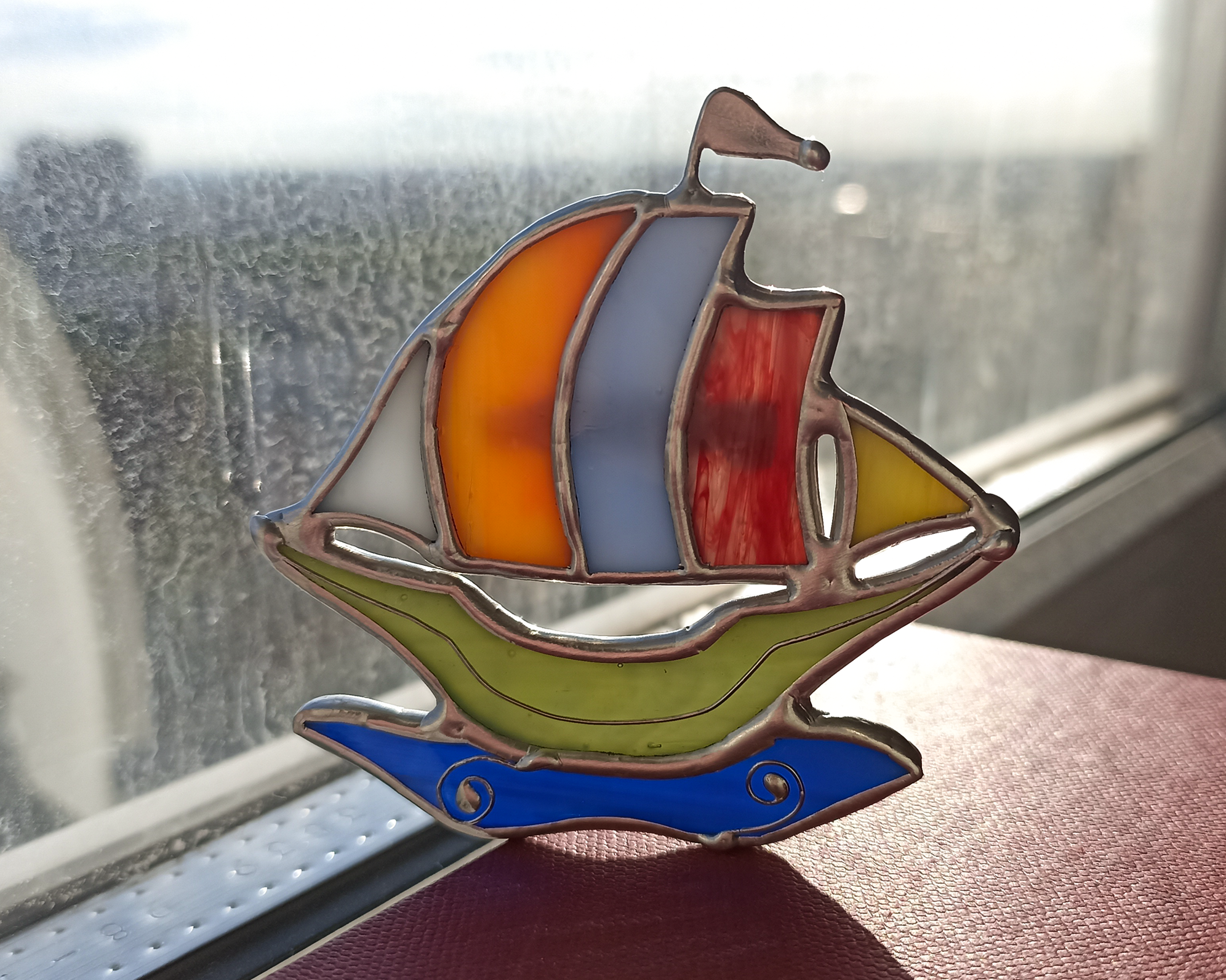 The ship is ready to launch! Stained glass using Tiffany technique - My, Stained glass, Stained glass window by Tiffany, Hobby, Creation, Crafts, Friday tag is mine, With your own hands, Handmade, Longpost, Needlework with process, Brooch, Ship