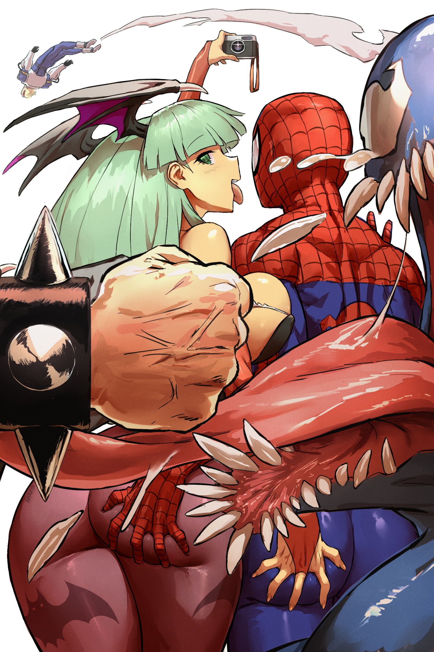 Spider found himself a new girlfriend - Haraya, Art, Anime, Anime art, Crossover, Capcom, Marvel, Spiderman, Morrigan Aensland, Helltaker, Longpost