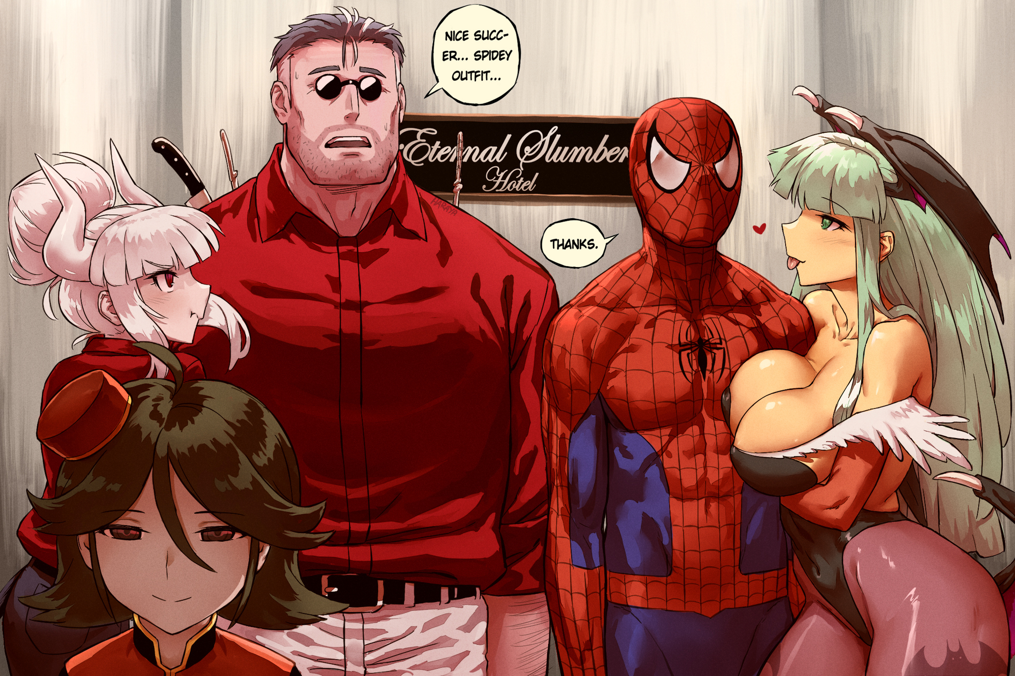 Spider found himself a new girlfriend - Haraya, Art, Anime, Anime art, Crossover, Capcom, Marvel, Spiderman, Morrigan Aensland, Helltaker, Longpost