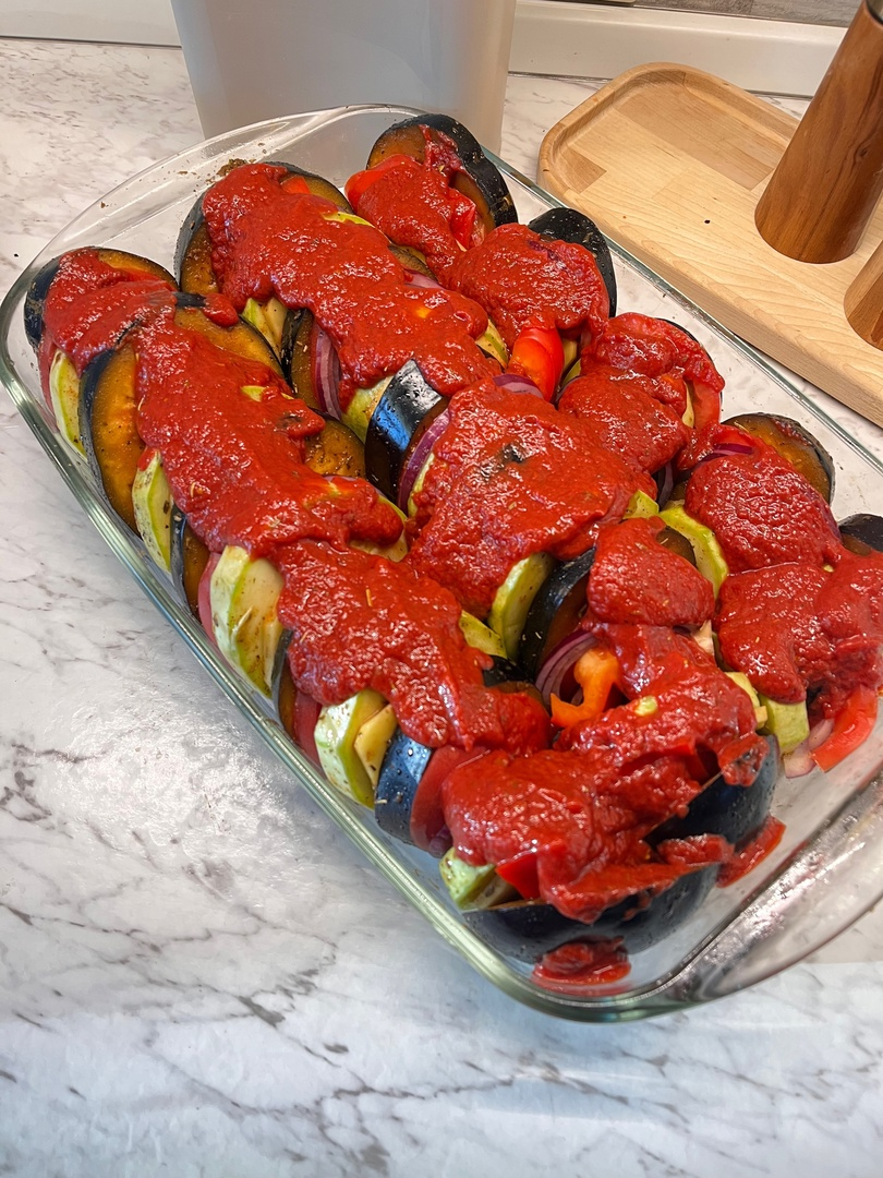 Roasted vegetables in tomato sauce - My, Serving dishes, Snack, Recipe, Cooking, Ingredients, Longpost