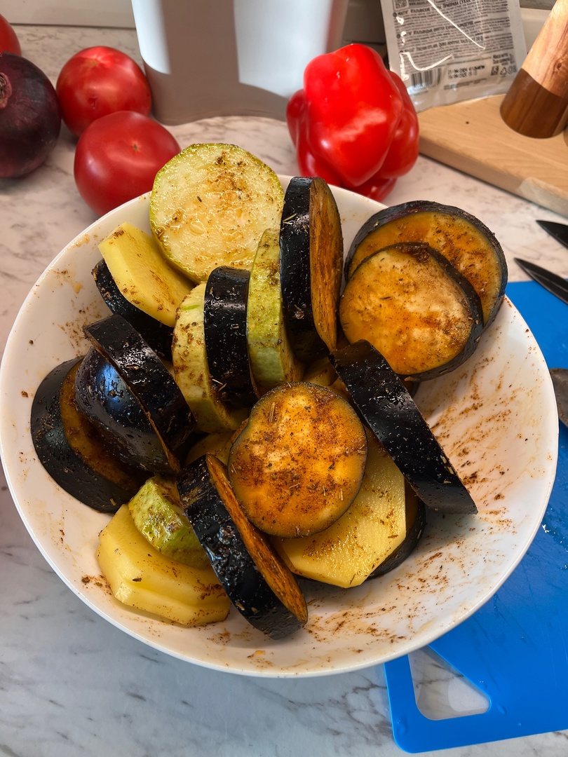 Roasted vegetables in tomato sauce - My, Serving dishes, Snack, Recipe, Cooking, Ingredients, Longpost