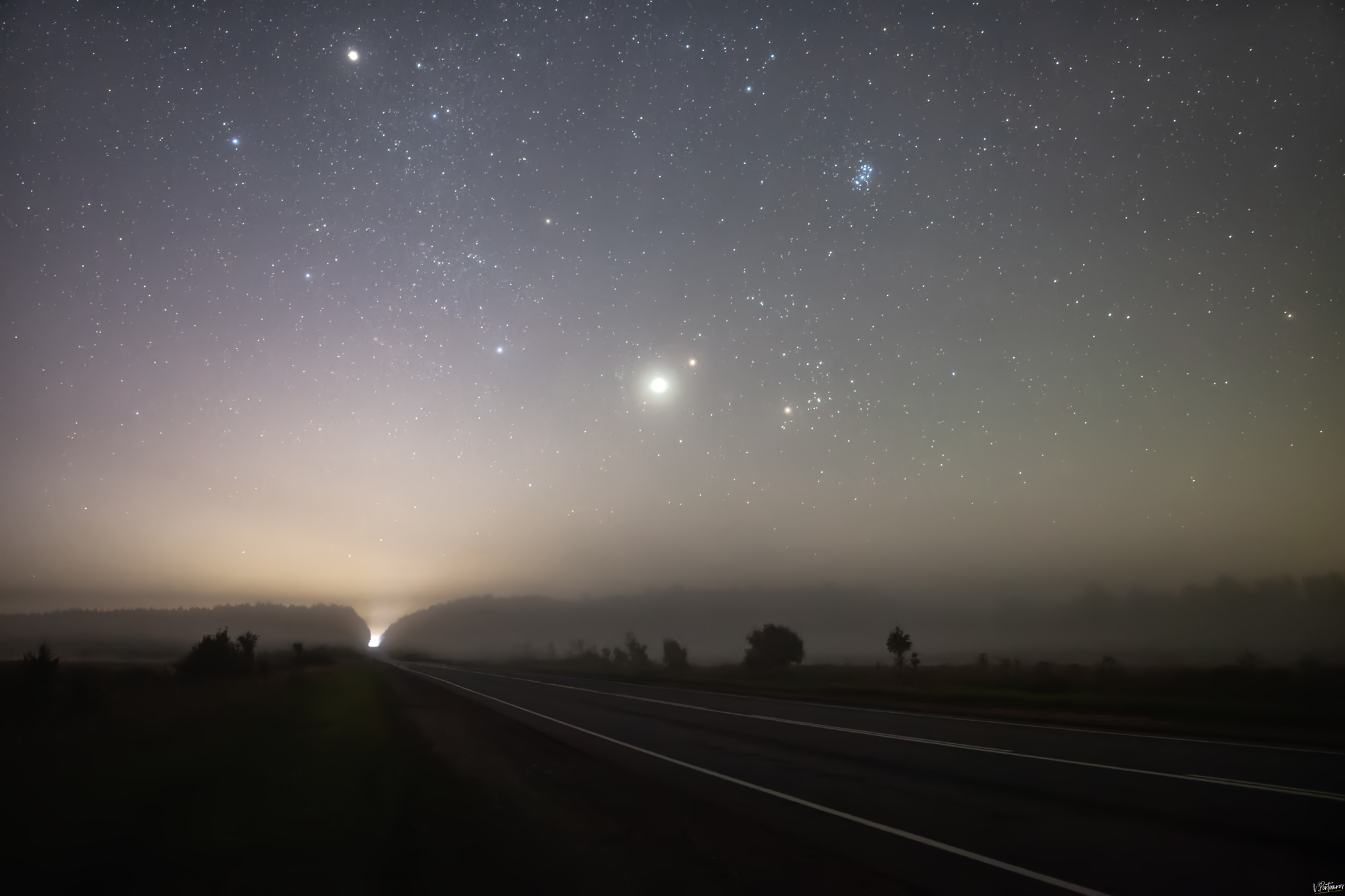 Foggy road... - My, The photo, Nature, Sky, Night, Astrophoto, Stars, Night shooting, Starry sky, Summer, Landscape, Fog, Road