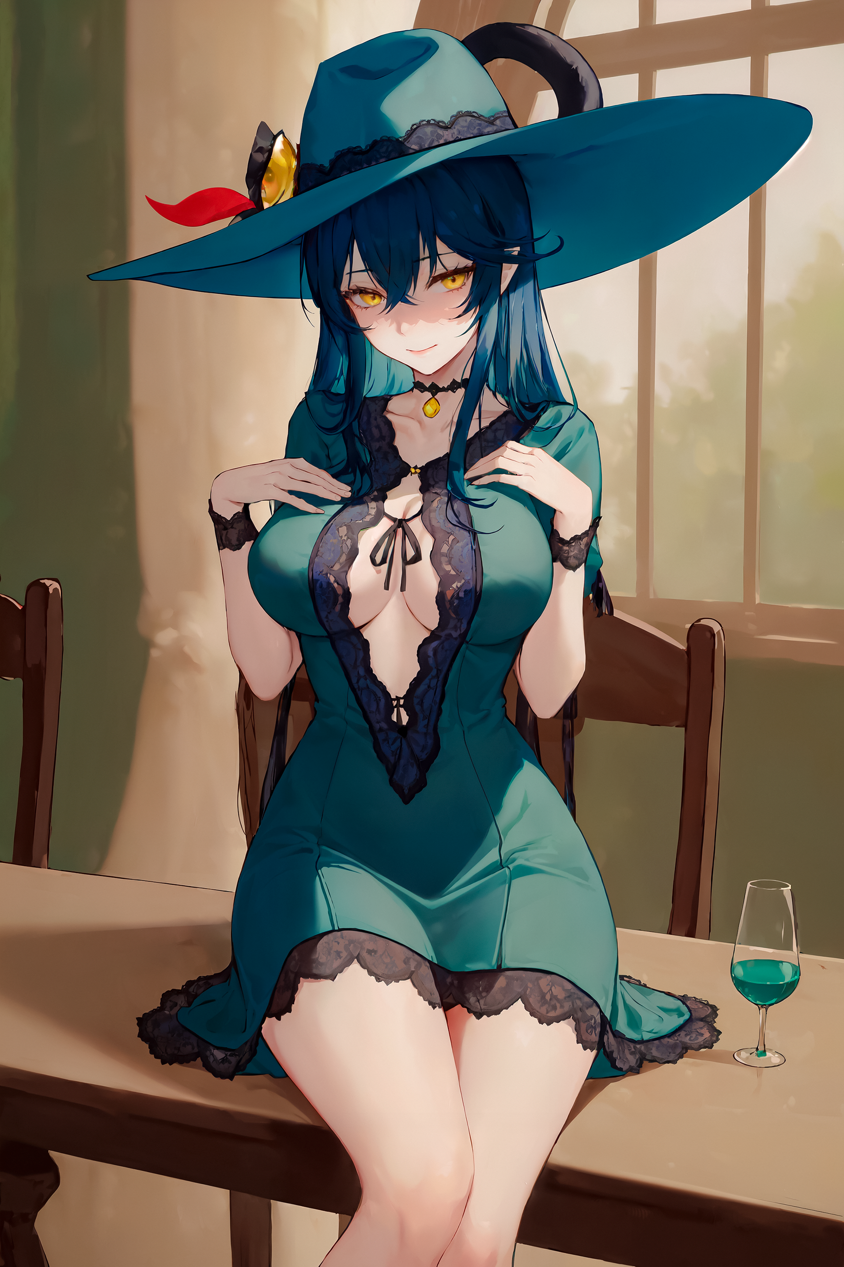 Continuation of the post “Old plans. New life for dear Chan - My, Stable diffusion, Original character, Neural network art, Anime art, Portrait, Girls, Neckline, Choker, Amber Eyes, The dress, Is sitting, Shyness, Reply to post, Innerboob, Hat