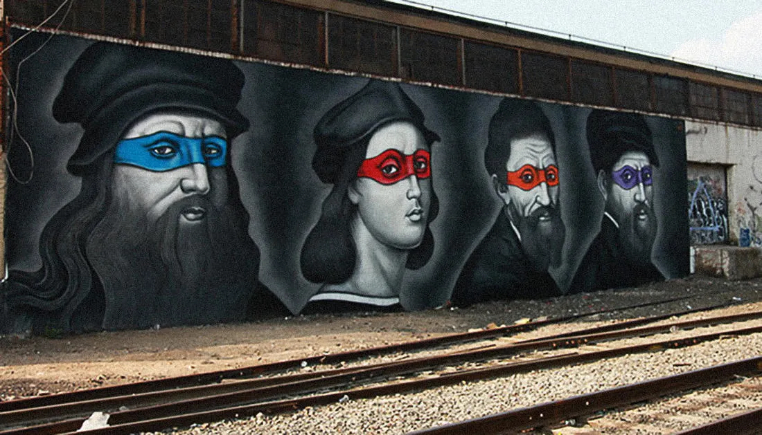 This is the best graffiti I've ever seen... - Graffiti, Teenage Mutant Ninja Turtles, Artist, Town, New York, Street artists, Leonardo da Vinci, Rafael Santi, Donatello sculptor, Repeat, Street art, Michelangelo Buonarroti