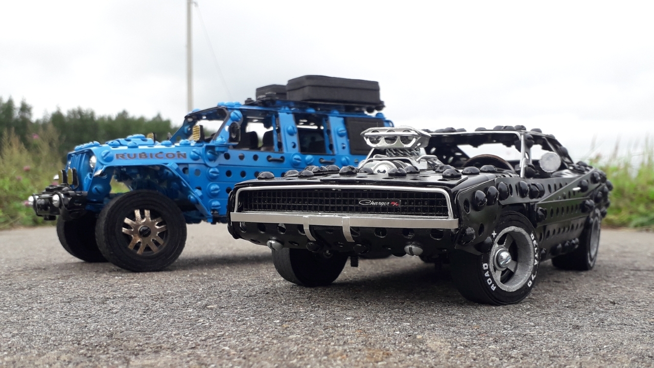 Jeep Wrangler, Dodge Charger made of metal construction kit, wire, rubber and cardboard - Jeep Wrangler, Dodge, Dodge charger, Muscle car, Jeep, Trailer, Modeling, Retro car, Longpost