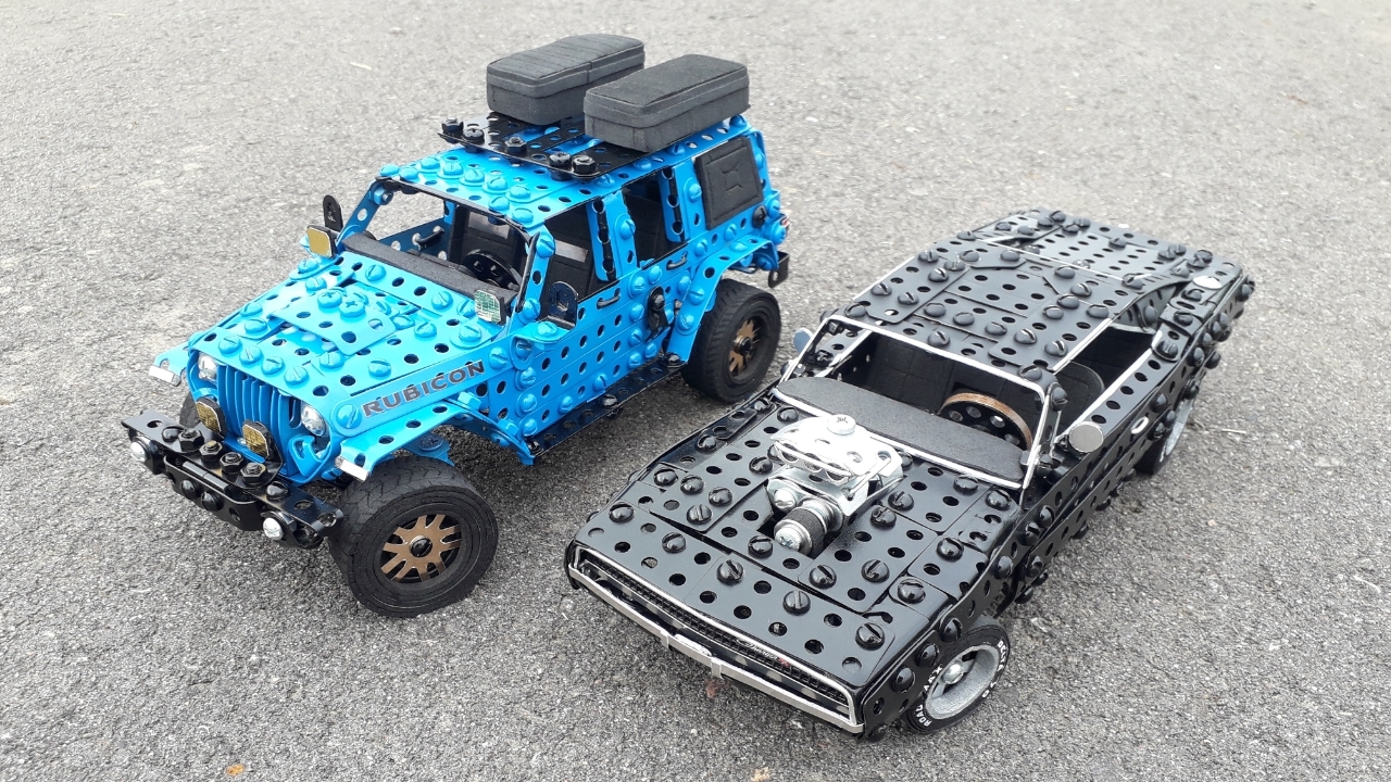 Jeep Wrangler, Dodge Charger made of metal construction kit, wire, rubber and cardboard - Jeep Wrangler, Dodge, Dodge charger, Muscle car, Jeep, Trailer, Modeling, Retro car, Longpost