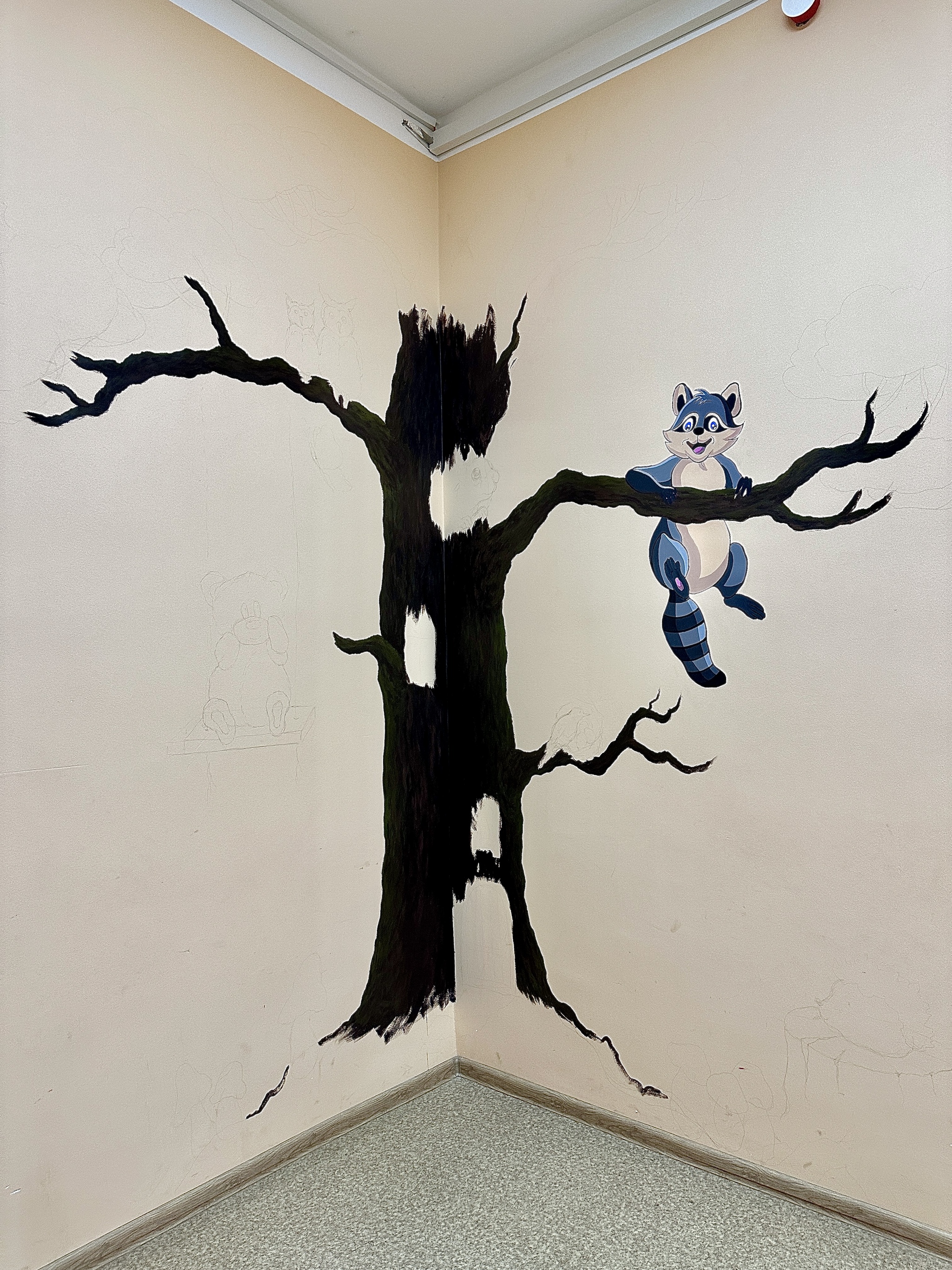 Painting a children's corner - My, Handmade, Painting, Creation, Creative people, Longpost, Artist, Art, Wall painting, Fairy-tale animals, Raccoon, Owl, Acrylic, Video, Vertical video