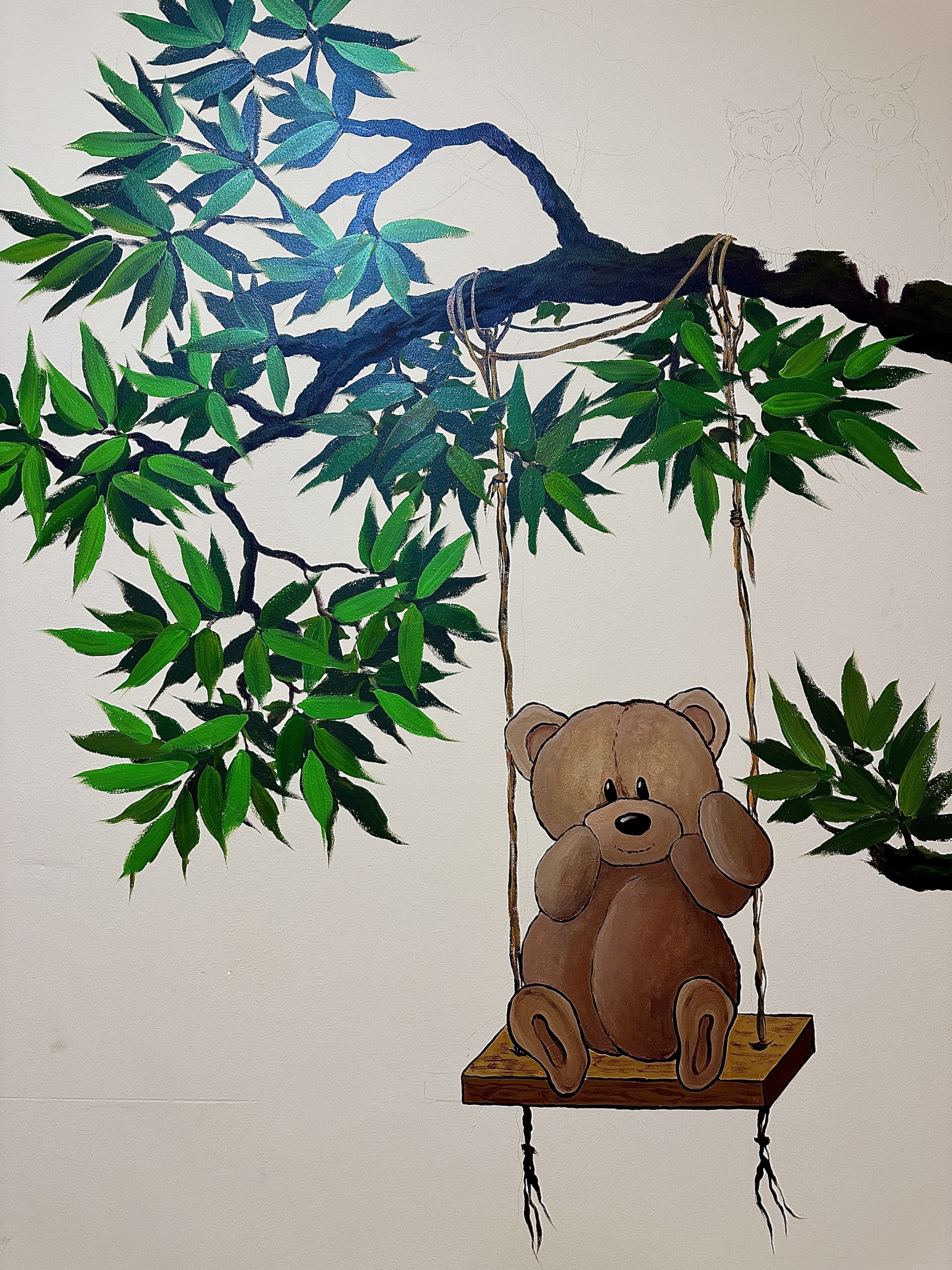 Painting a children's corner - My, Handmade, Painting, Creation, Creative people, Longpost, Artist, Art, Wall painting, Fairy-tale animals, Raccoon, Owl, Acrylic, Video, Vertical video