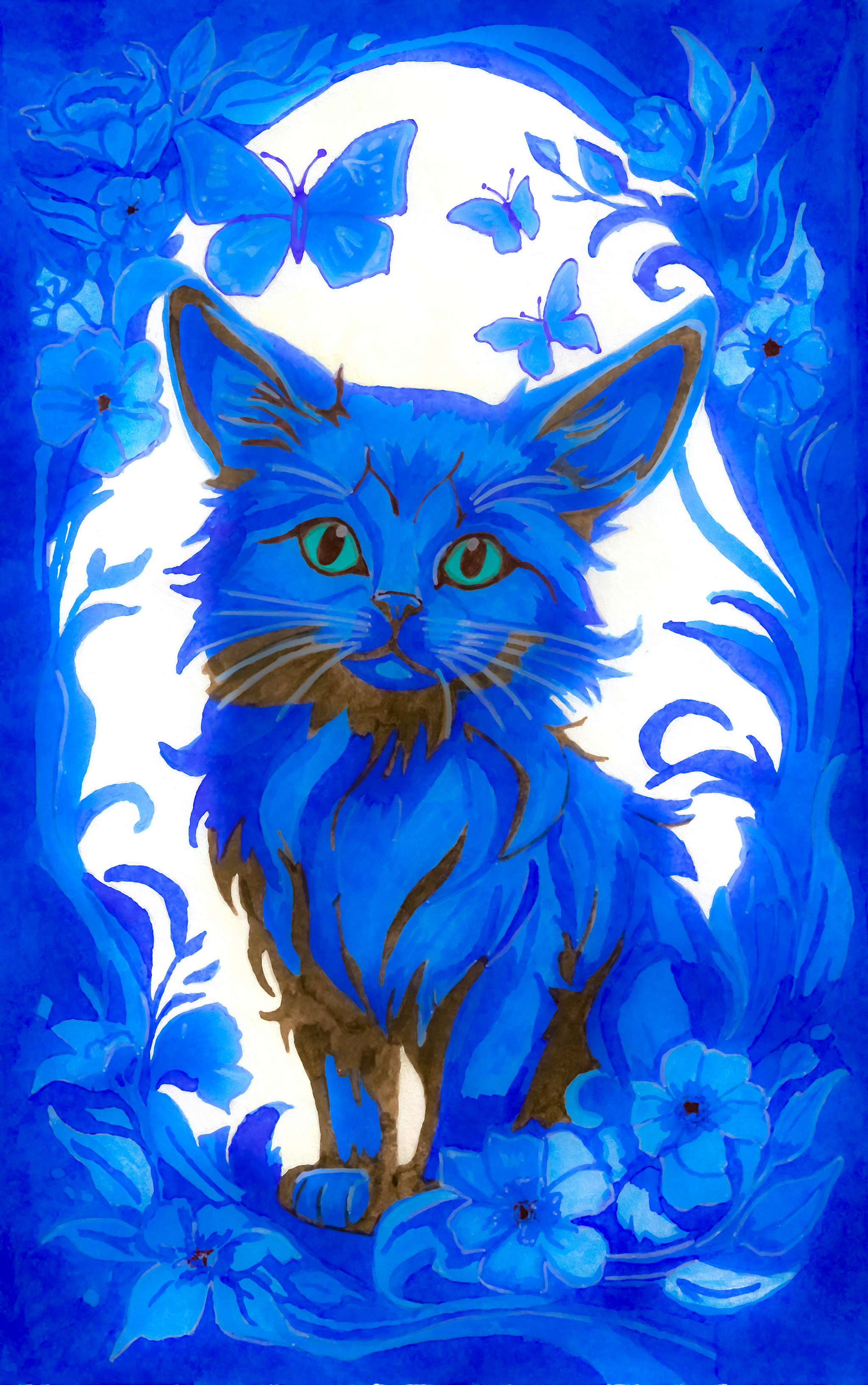 Moon Cat - My, Drawing, Sketchbook, Milota, Beginner artist, cat, Blue