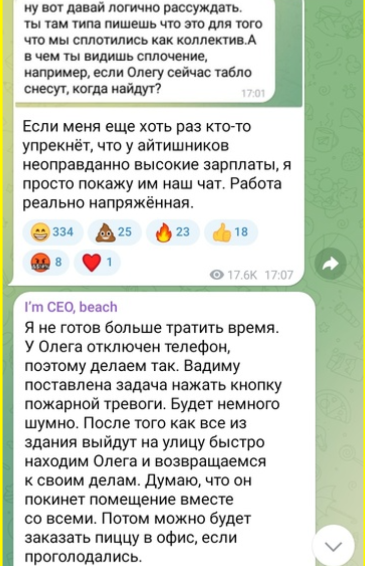 Oleg's incredible adventures in the office - Humor, Office, Oleg, Correspondence, Colleagues, Dialog, Longpost, I`m CEO beach, Telegram, Screenshot