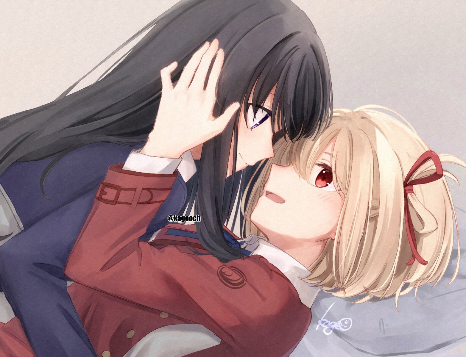 Takina & Chisato - Anime art, Anime, Yuri, Friend, Lycoris Recoil, Inoue Takina, Nishikigi Chisato, Hugs, Holding hands, Twitter (link), Longpost