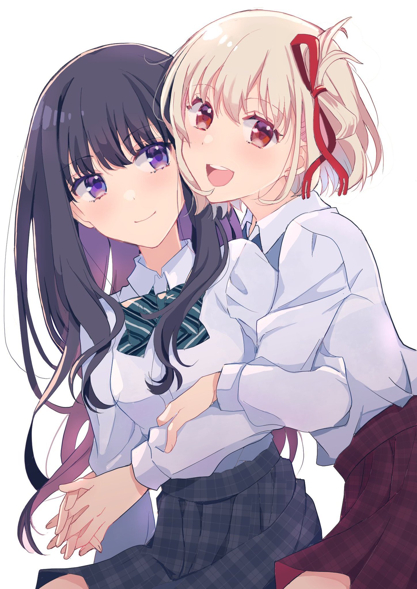 Takina & Chisato - Anime art, Anime, Yuri, Friend, Lycoris Recoil, Inoue Takina, Nishikigi Chisato, Hugs, Holding hands, Twitter (link), Longpost