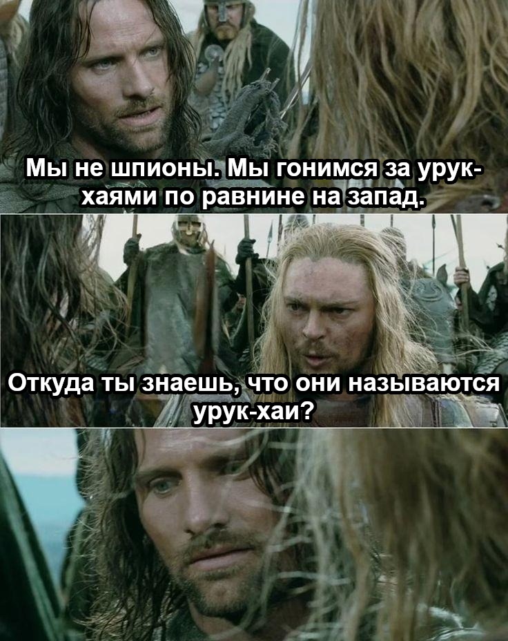 Gotcha, spy - Lord of the Rings, Aragorn, Eomer, Uruk-Hai, Spy, Picture with text, Translated by myself, VKontakte (link)