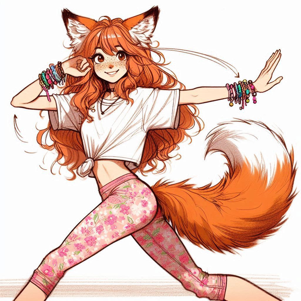 Aerobics with Ginger - My, Art, Neural network art, Нейронные сети, Girls, Anime art, Anime, Original character, Kitsune, Redheads, Freckles, Aerobics, Sport, Ginger & White, Longpost