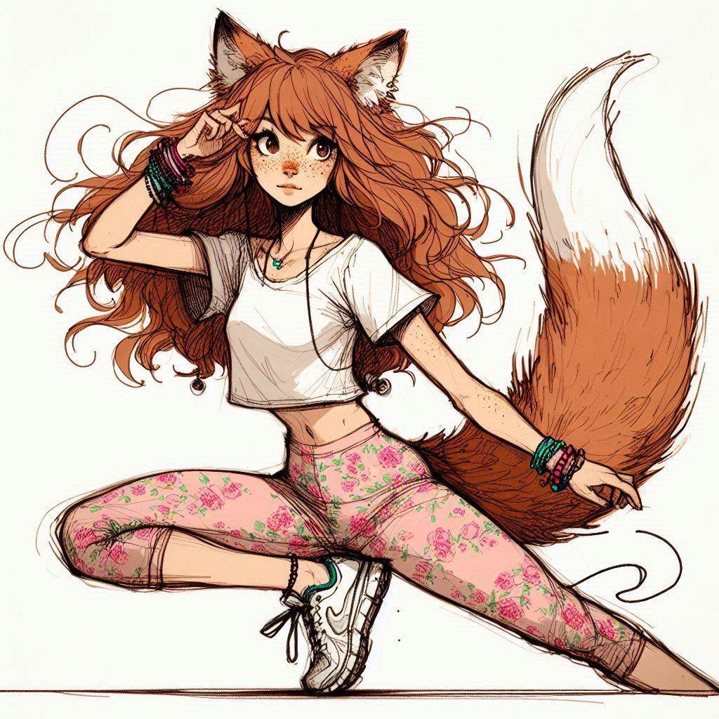 Aerobics with Ginger - My, Art, Neural network art, Нейронные сети, Girls, Anime art, Anime, Original character, Kitsune, Redheads, Freckles, Aerobics, Sport, Ginger & White, Longpost