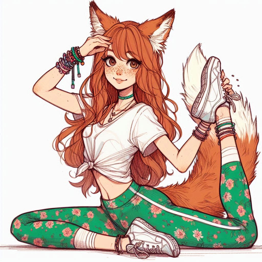 Aerobics with Ginger - My, Art, Neural network art, Нейронные сети, Girls, Anime art, Anime, Original character, Kitsune, Redheads, Freckles, Aerobics, Sport, Ginger & White, Longpost