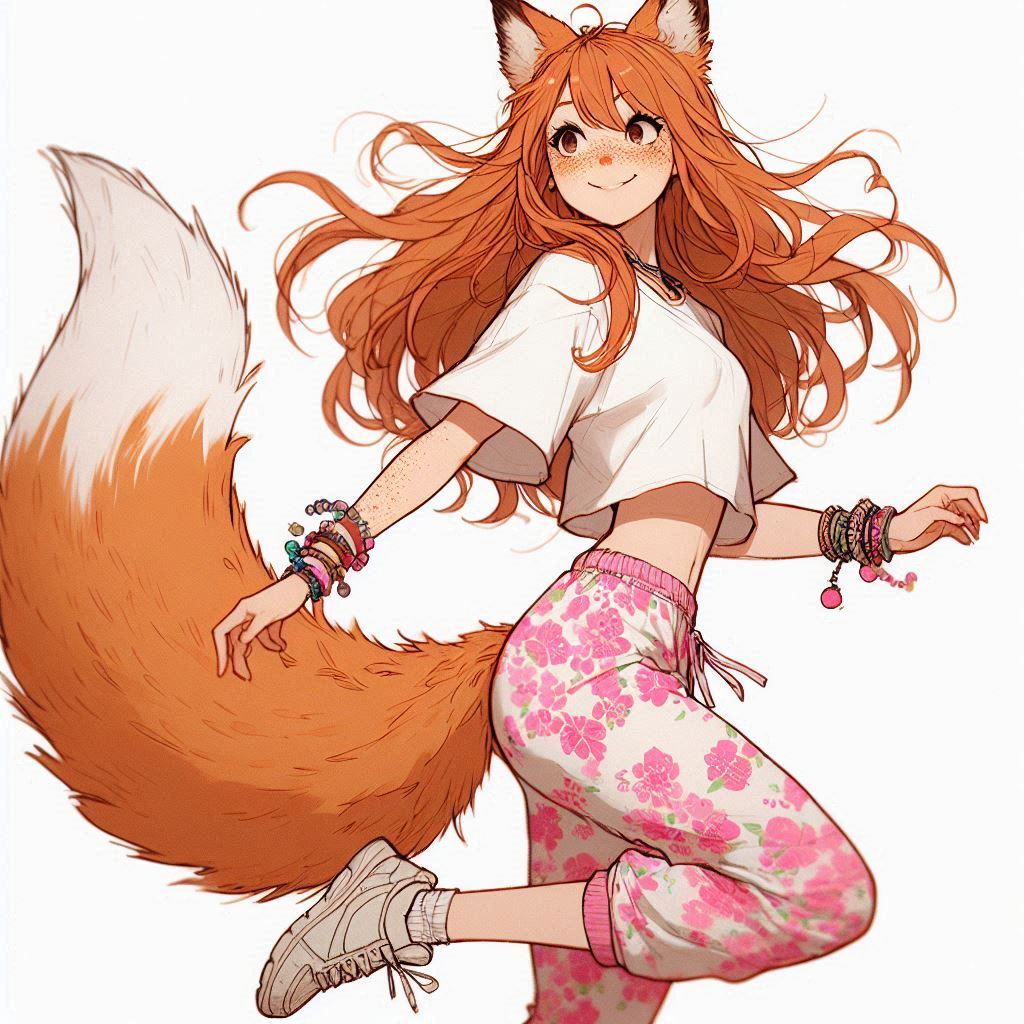 Aerobics with Ginger - My, Art, Neural network art, Нейронные сети, Girls, Anime art, Anime, Original character, Kitsune, Redheads, Freckles, Aerobics, Sport, Ginger & White, Longpost