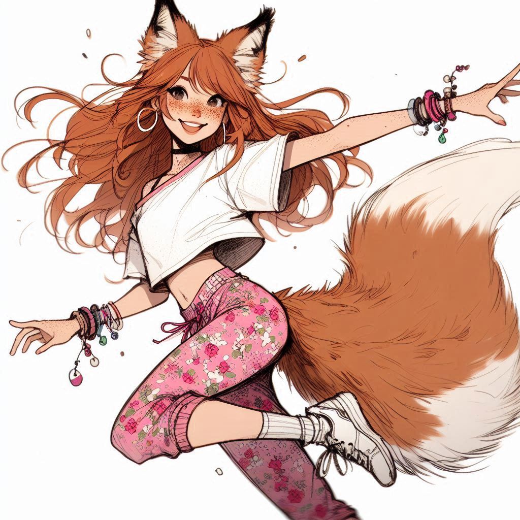 Aerobics with Ginger - My, Art, Neural network art, Нейронные сети, Girls, Anime art, Anime, Original character, Kitsune, Redheads, Freckles, Aerobics, Sport, Ginger & White, Longpost