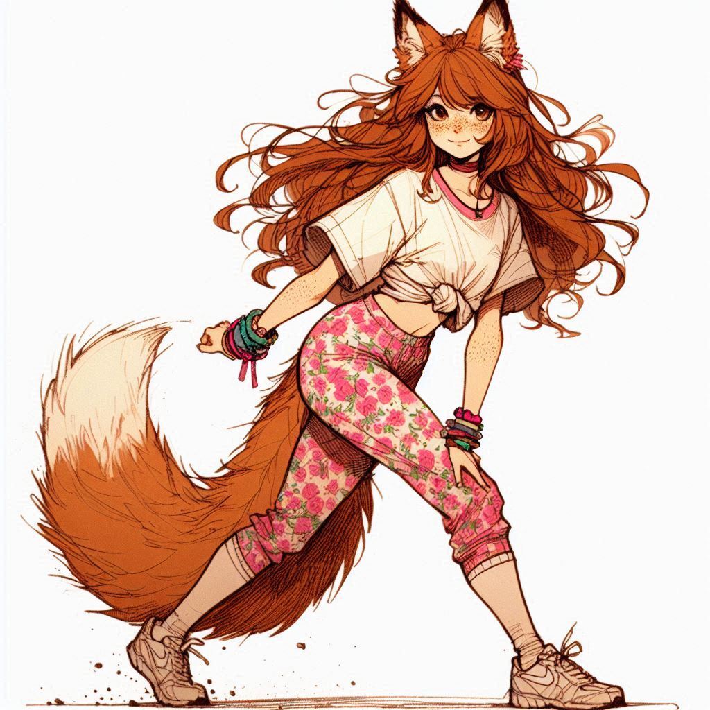 Aerobics with Ginger - My, Art, Neural network art, Нейронные сети, Girls, Anime art, Anime, Original character, Kitsune, Redheads, Freckles, Aerobics, Sport, Ginger & White, Longpost