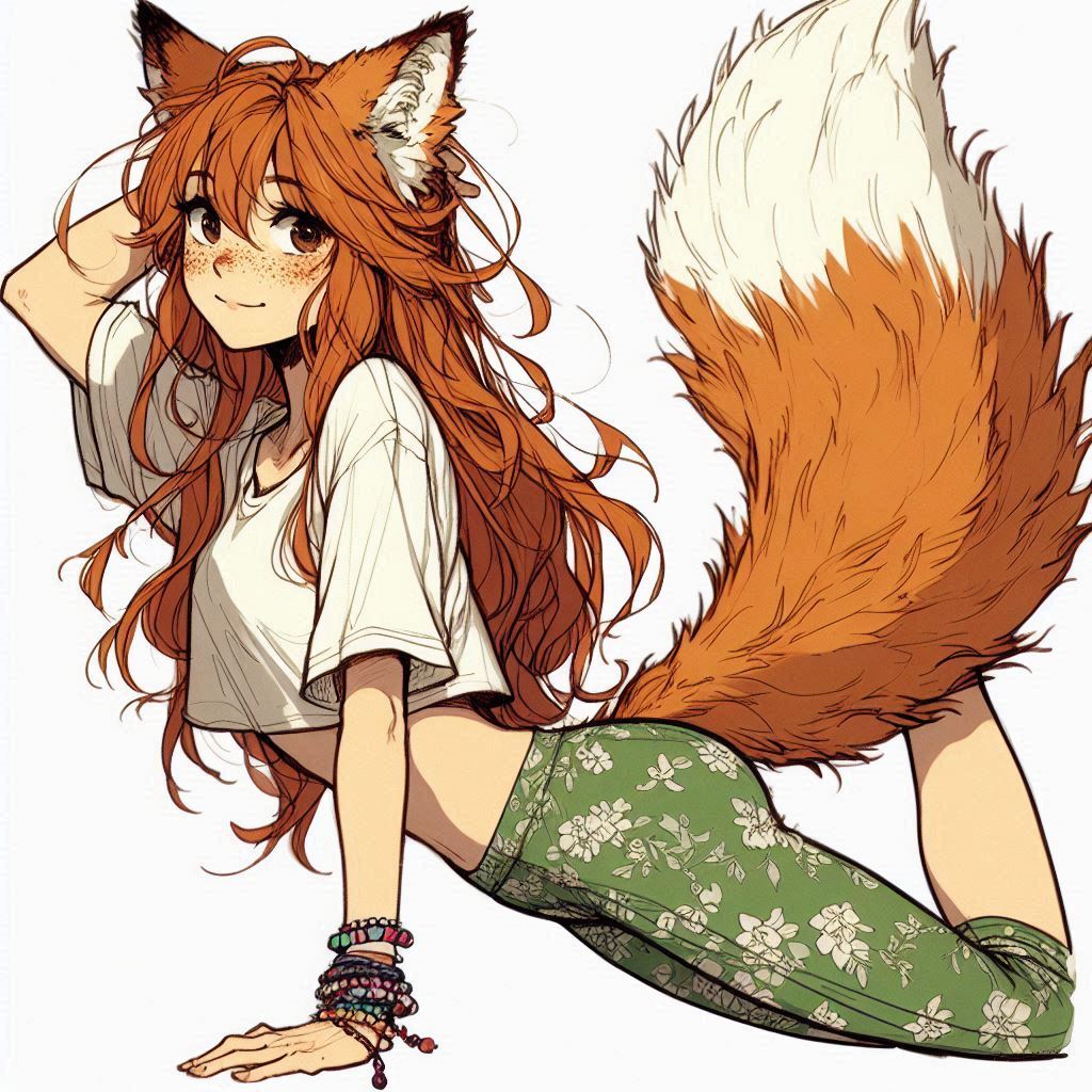 Aerobics with Ginger - My, Art, Neural network art, Нейронные сети, Girls, Anime art, Anime, Original character, Kitsune, Redheads, Freckles, Aerobics, Sport, Ginger & White, Longpost