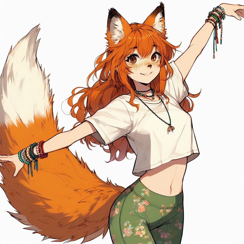 Aerobics with Ginger - My, Art, Neural network art, Нейронные сети, Girls, Anime art, Anime, Original character, Kitsune, Redheads, Freckles, Aerobics, Sport, Ginger & White, Longpost