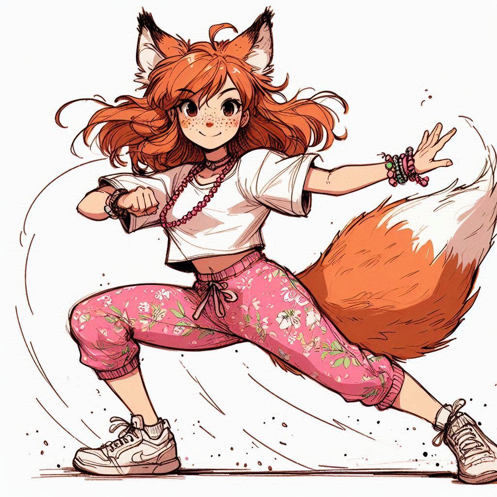 Aerobics with Ginger - My, Art, Neural network art, Нейронные сети, Girls, Anime art, Anime, Original character, Kitsune, Redheads, Freckles, Aerobics, Sport, Ginger & White, Longpost