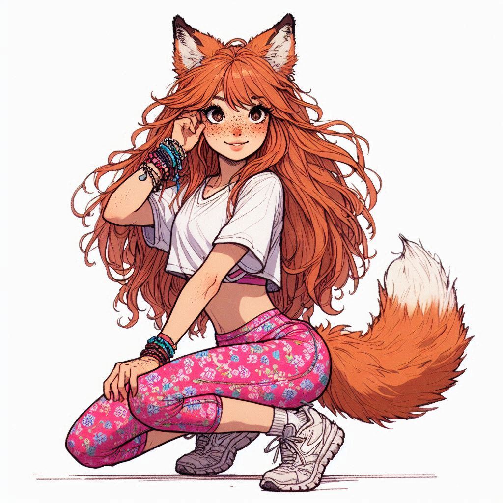 Aerobics with Ginger - My, Art, Neural network art, Нейронные сети, Girls, Anime art, Anime, Original character, Kitsune, Redheads, Freckles, Aerobics, Sport, Ginger & White, Longpost