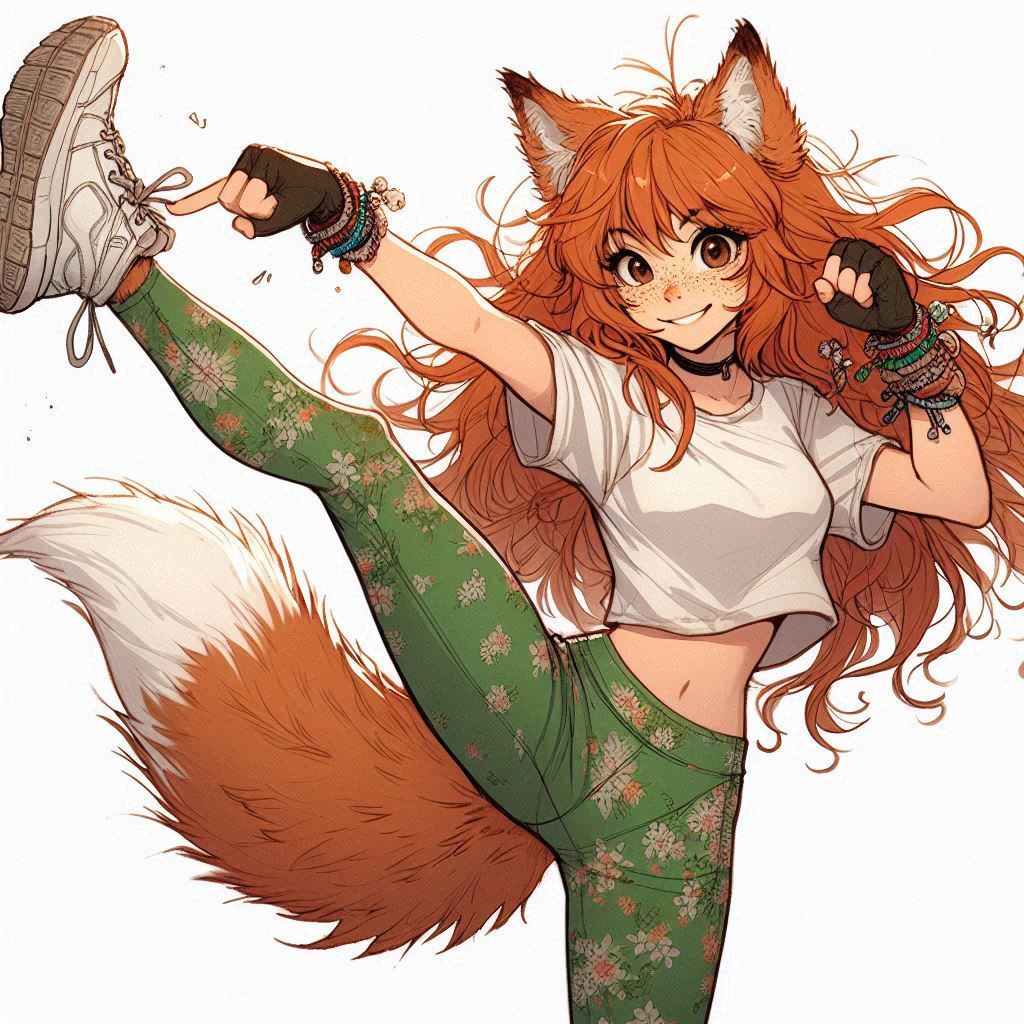 Aerobics with Ginger - My, Art, Neural network art, Нейронные сети, Girls, Anime art, Anime, Original character, Kitsune, Redheads, Freckles, Aerobics, Sport, Ginger & White, Longpost