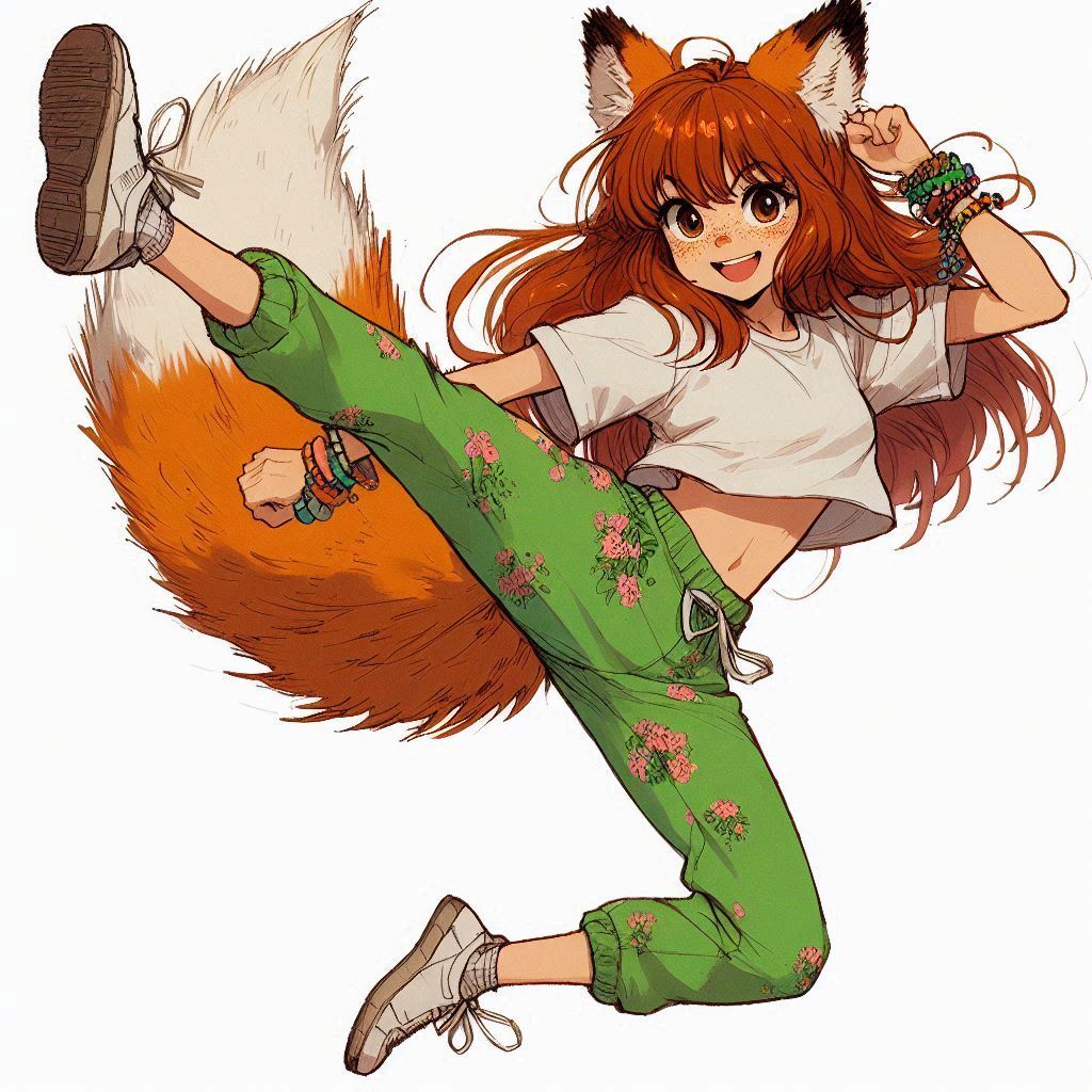 Aerobics with Ginger - My, Art, Neural network art, Нейронные сети, Girls, Anime art, Anime, Original character, Kitsune, Redheads, Freckles, Aerobics, Sport, Ginger & White, Longpost