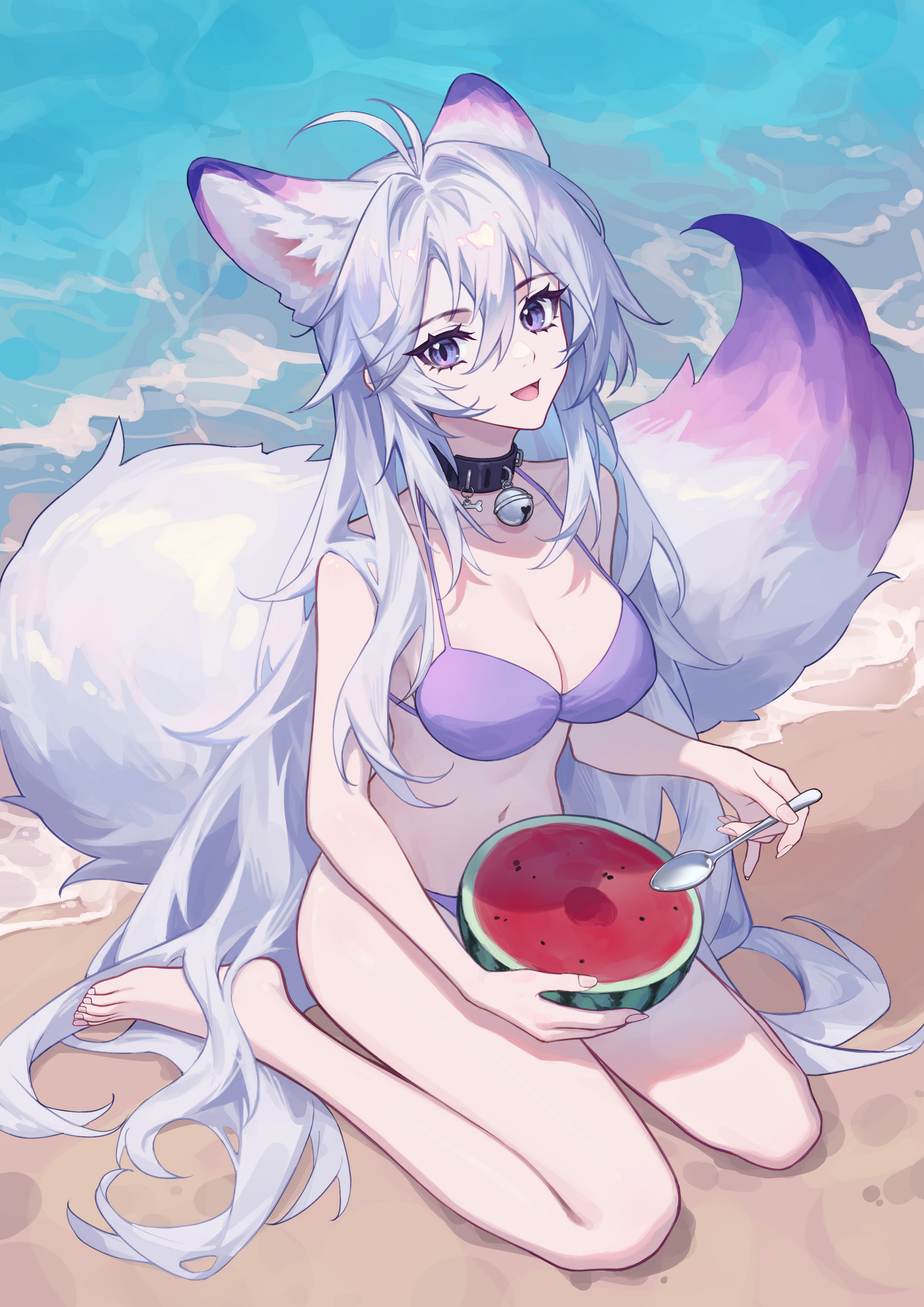 Chanterelle and watermelon - Anime art, Anime, Kirby D a, Original character, Kitsune, Animal ears, Tail, Swimsuit, Watermelon, Beach, Sea, Collar