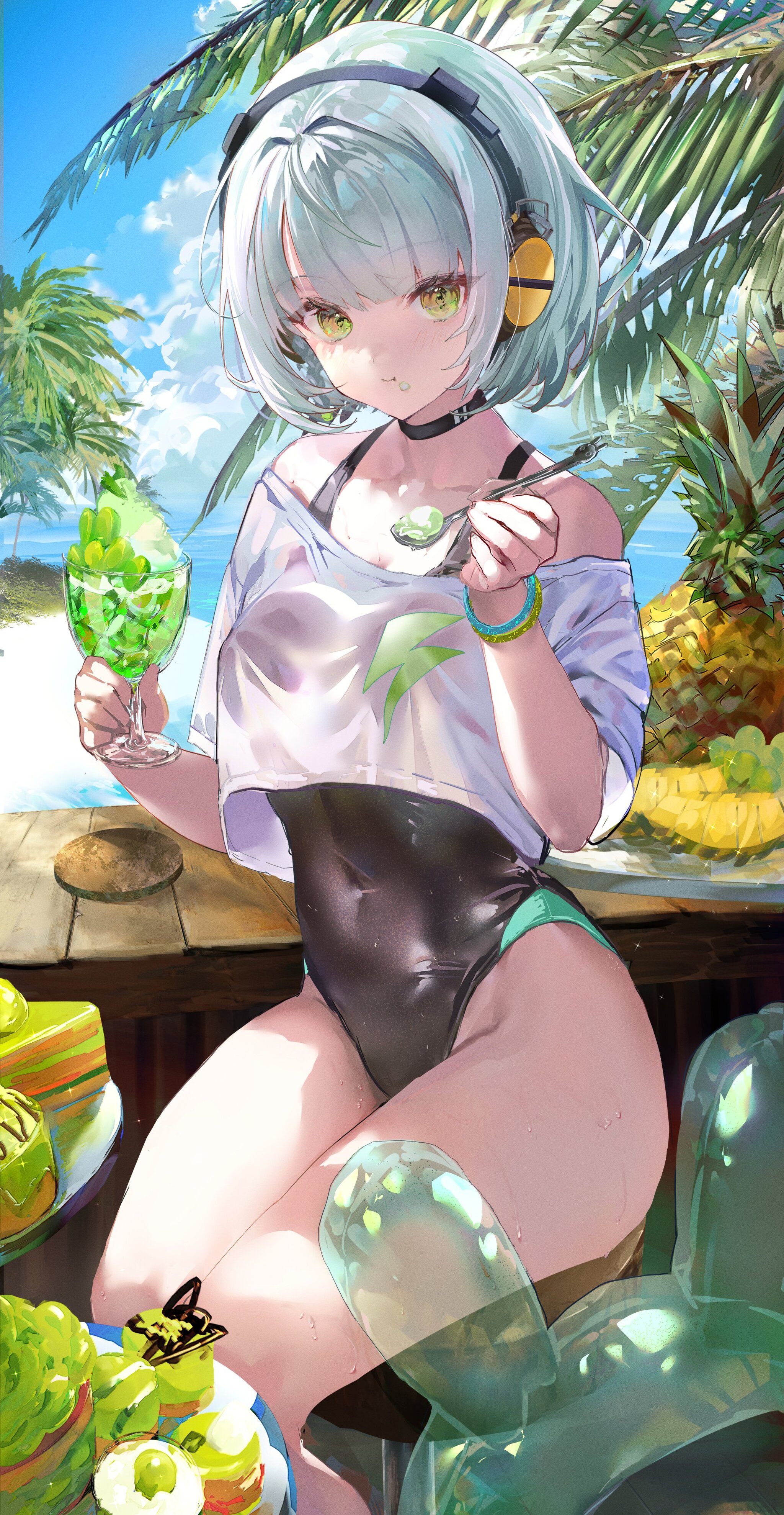 Enby - Anime art, Anime, Girls, Games, Zenless Zone Zero, Anby Demara (zzz), Swimsuit, Food, Sea, Beach