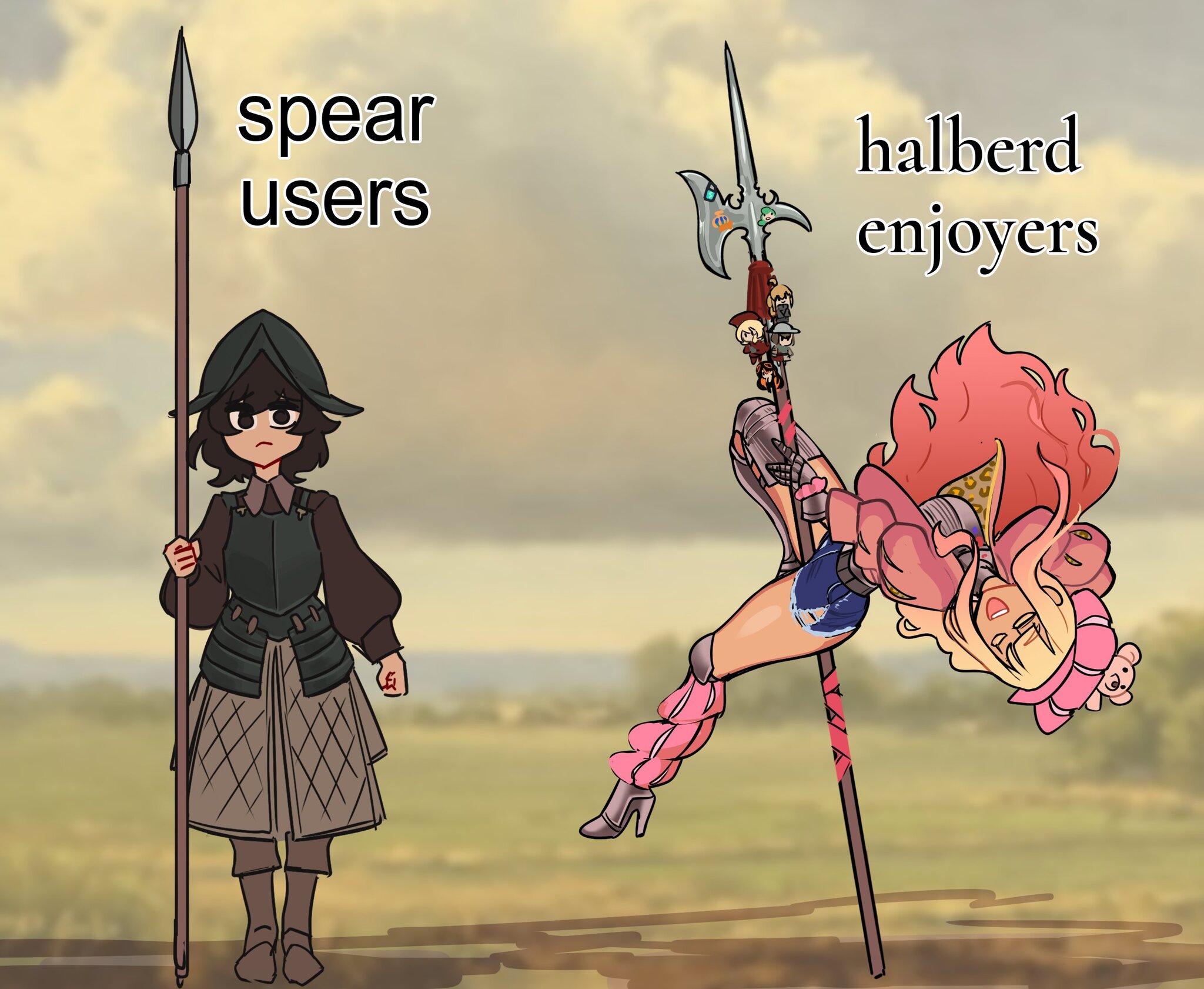 Visual difference between a spearman and a halberdier - Centurii-chan, Art, Anime, Anime art, Original character, Middle Ages, Landsknechts, A spear, Halberd, Steel arms