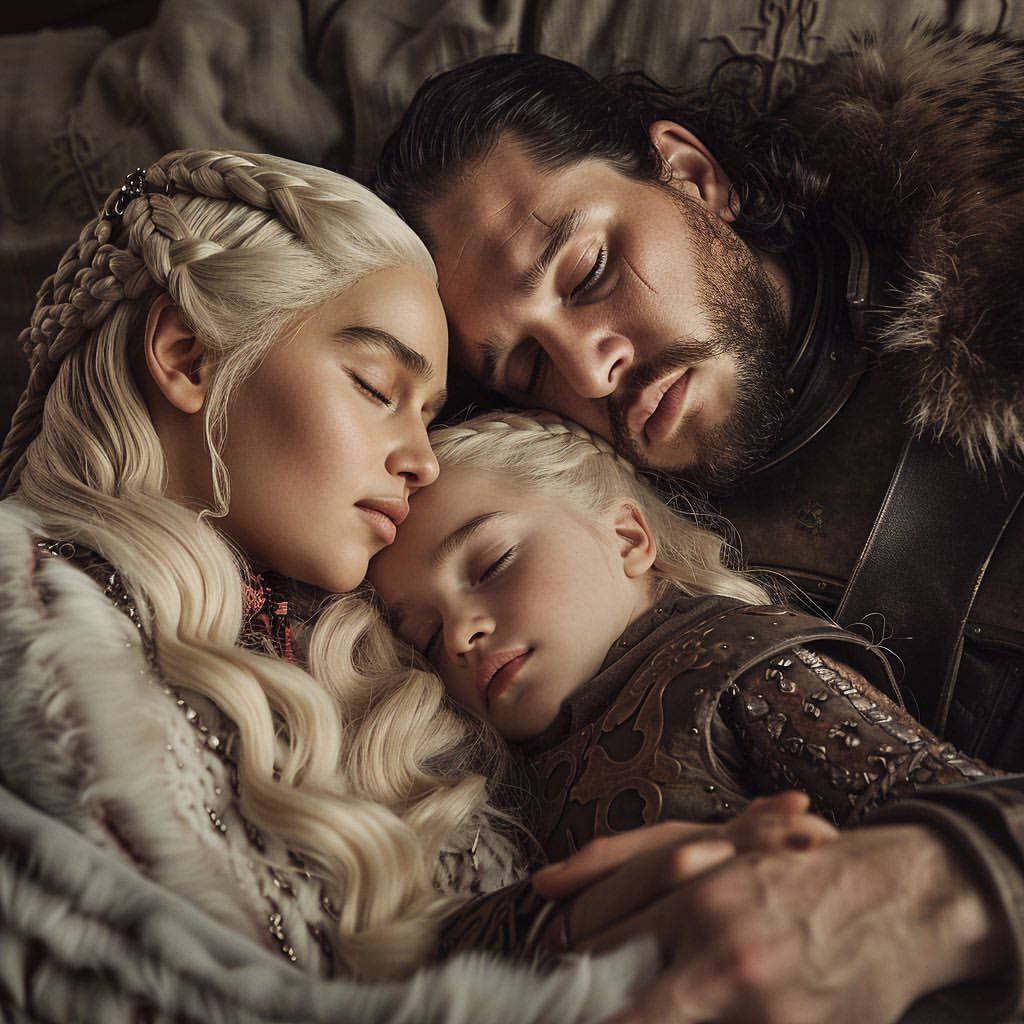 Game of Thrones: Happy Ending - Neural network art, Midjourney, Another world, Movies, Serials, Game of Thrones, Characters (edit), Happiness, Jon Snow, Daenerys Targaryen, Children, Wedding, Telegram (link), Longpost