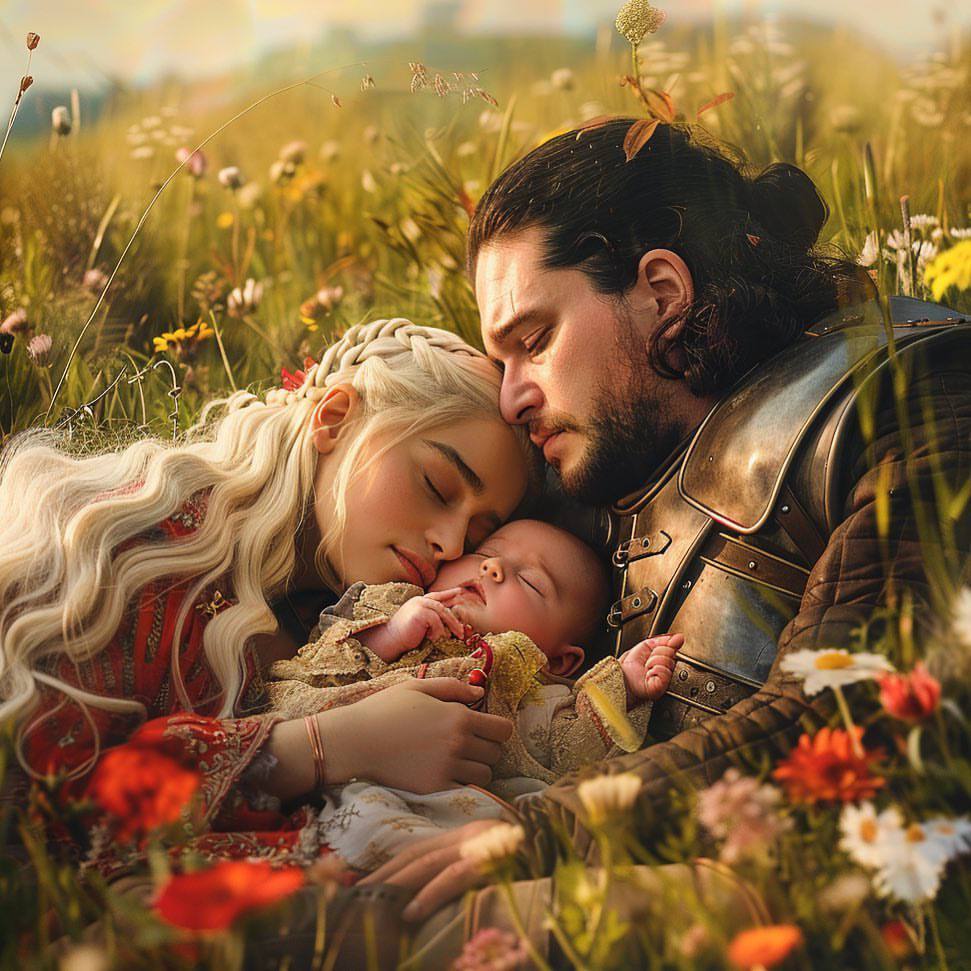 Game of Thrones: Happy Ending - Neural network art, Midjourney, Another world, Movies, Serials, Game of Thrones, Characters (edit), Happiness, Jon Snow, Daenerys Targaryen, Children, Wedding, Telegram (link), Longpost