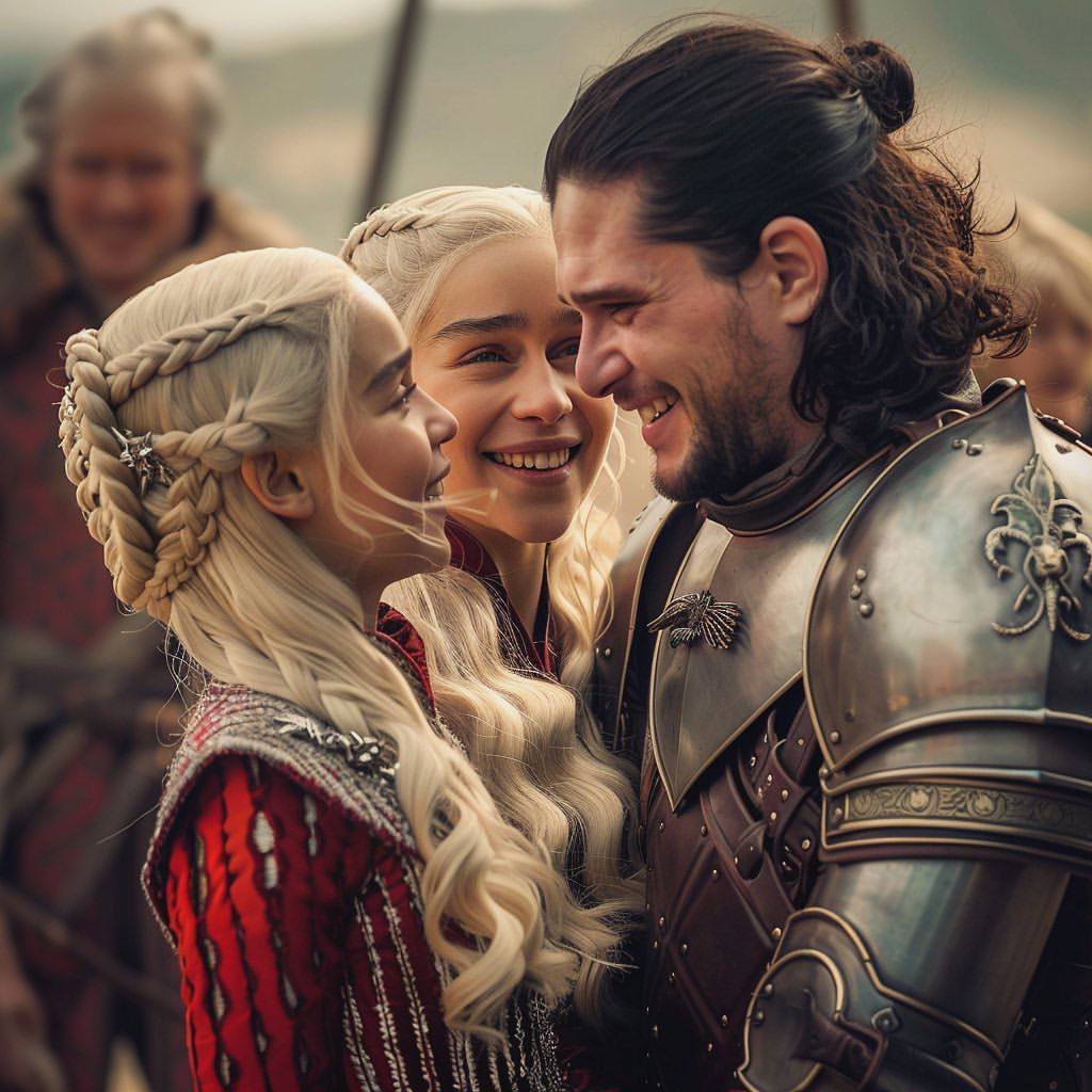 Game of Thrones: Happy Ending - Neural network art, Midjourney, Another world, Movies, Serials, Game of Thrones, Characters (edit), Happiness, Jon Snow, Daenerys Targaryen, Children, Wedding, Telegram (link), Longpost