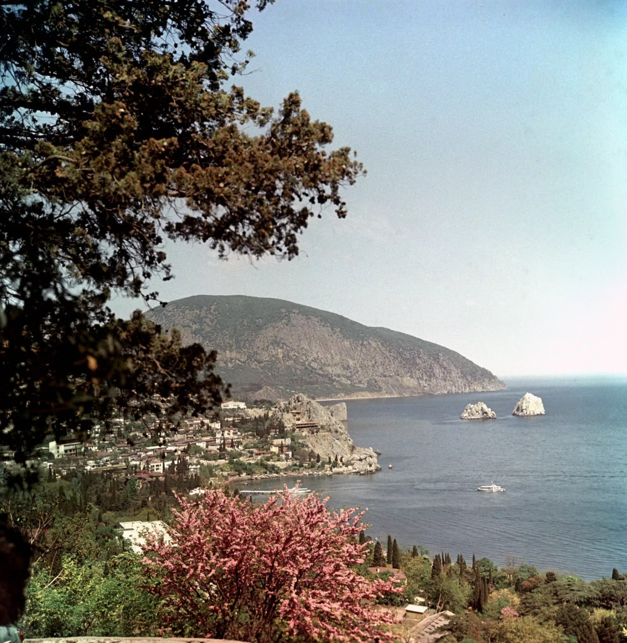 View of the village of Gurzuf and Bear Mountain, Crimea, USSR, 1968 - Crimea, Black Sea, Made in USSR, Gurzuf, the USSR, Retro, Childhood in the USSR, Summer, Heat, Film, 60th, Telegram (link)