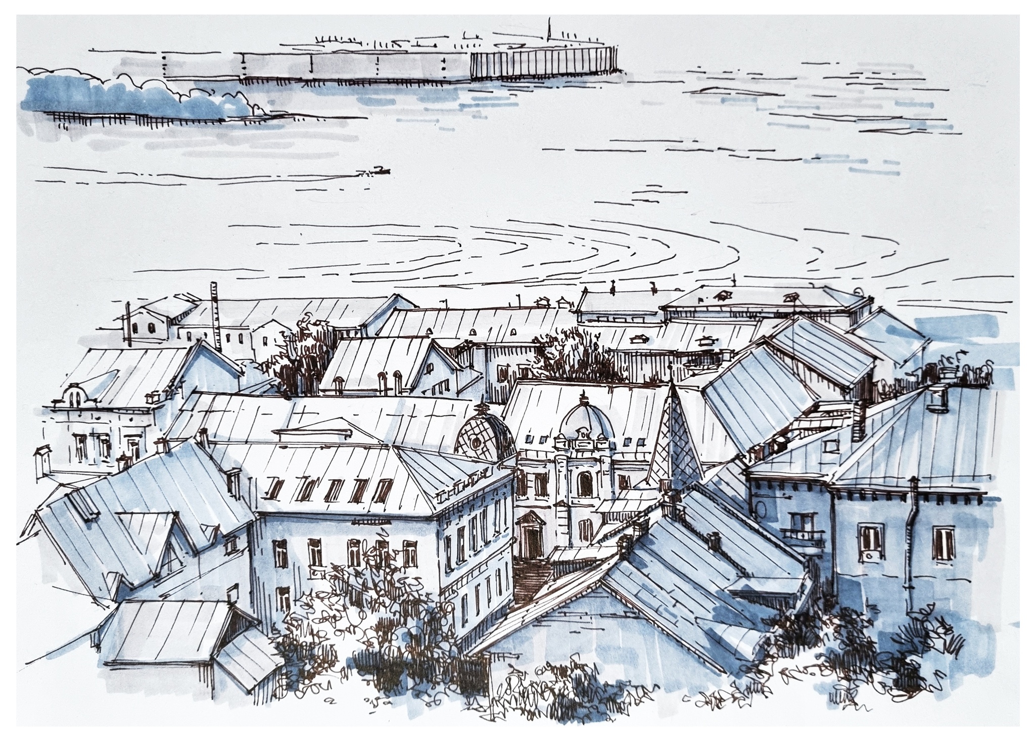 Nizhny Novgorod roofs, sketch - My, Nizhny Novgorod, Sketch, Sketchbook, Drawing, Pen drawing